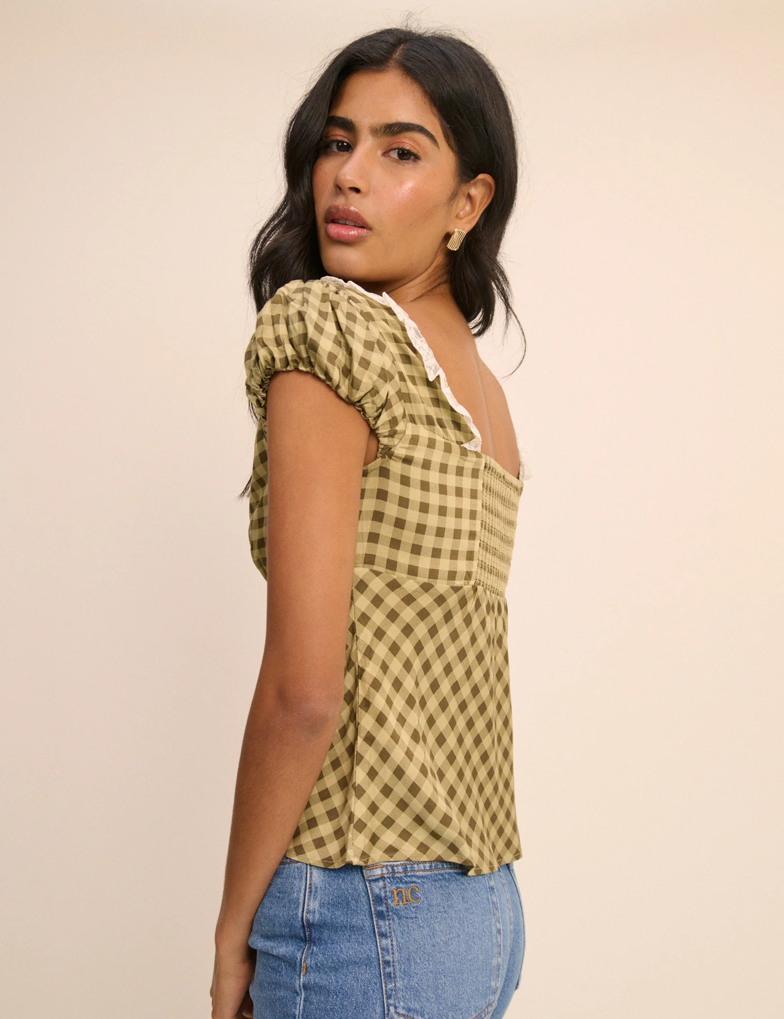 Green Gingham Puff Sleeve Dione Top - Image 5