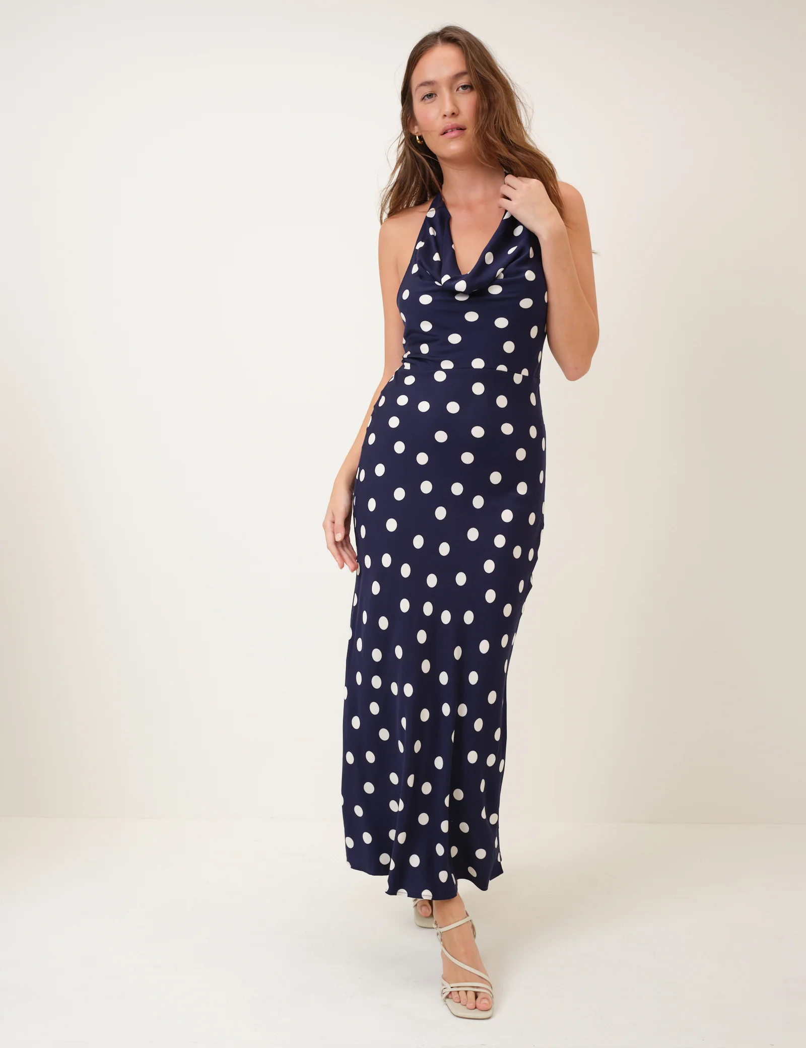 Navy Polka Dot Halterneck Maxi Dolly Dress - Image 2