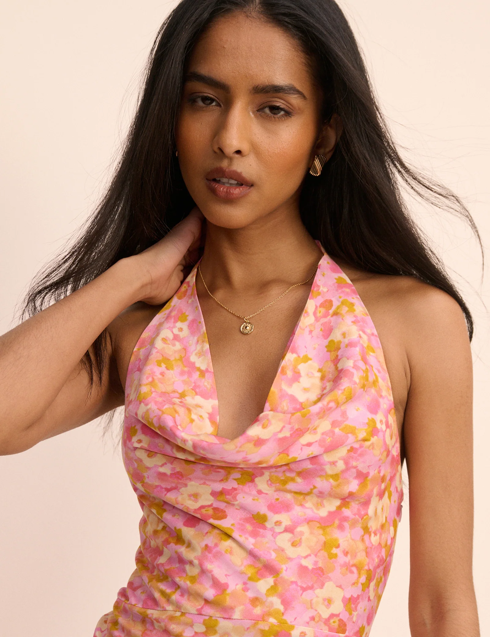 Pink Floral Cowl Halterneck Dolly Maxi Dress - Image 3