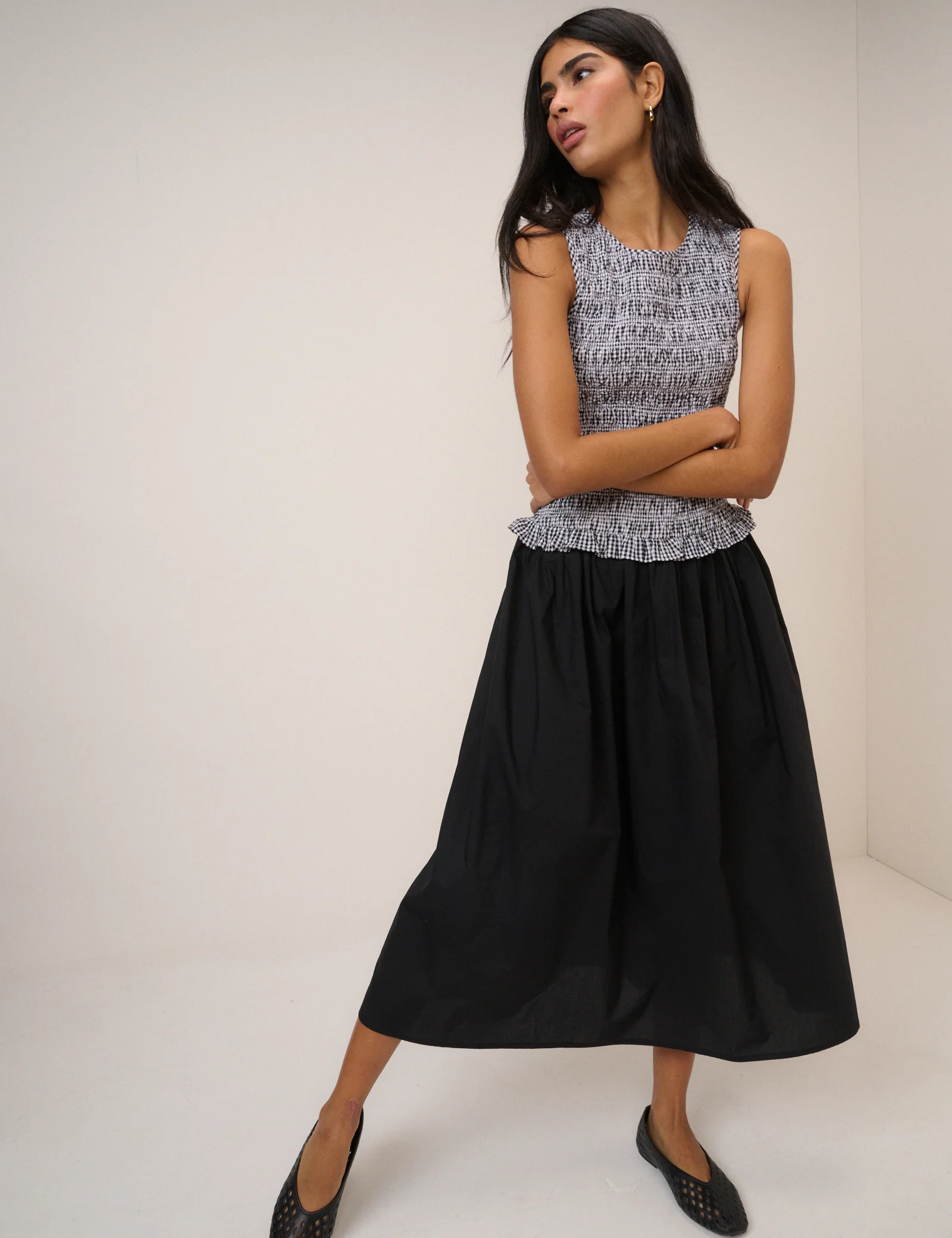 Gingham Shirred Bodice Drina Midi Dress