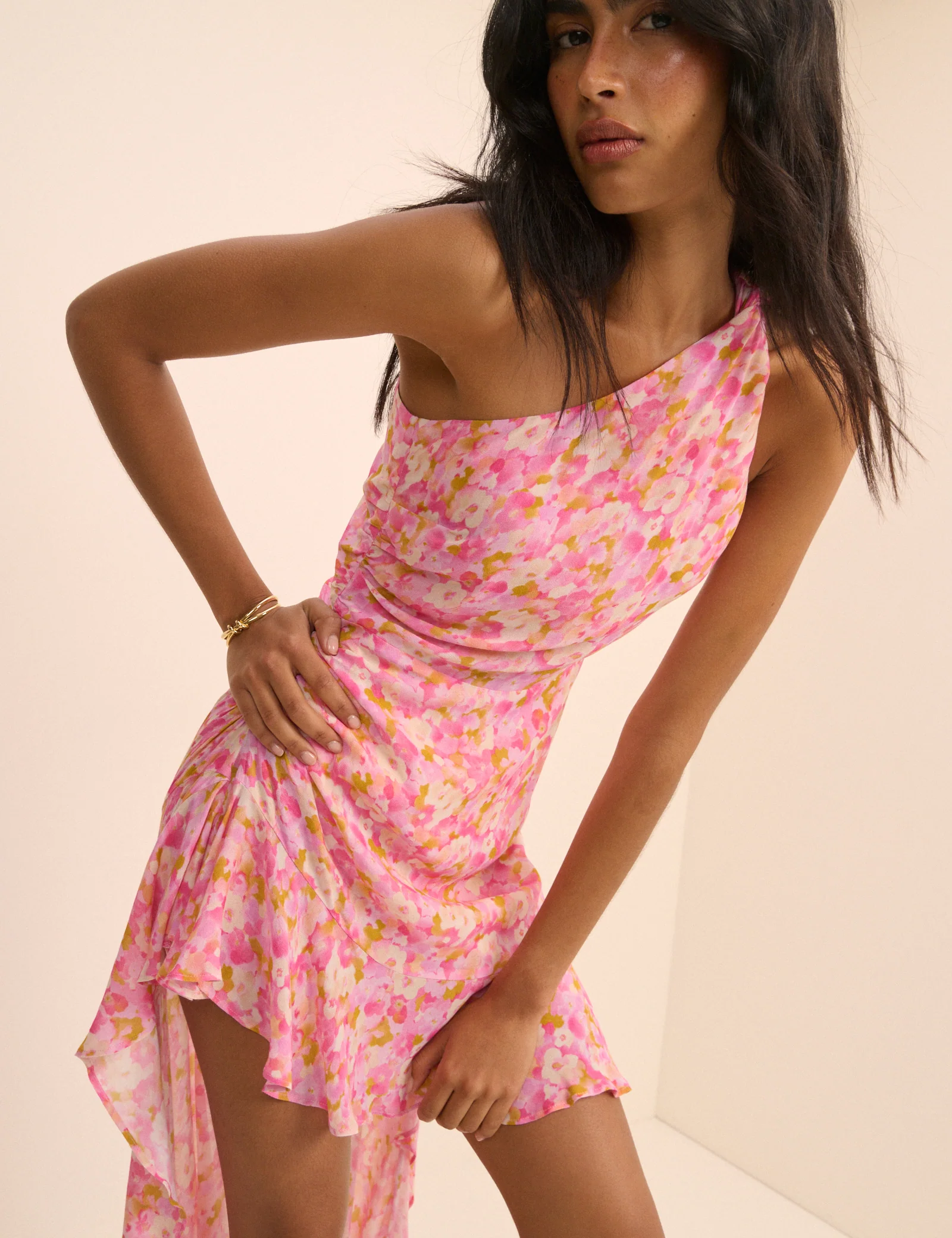 Pink Floral Ruched Edie High-Low Mini Dress - Image 3