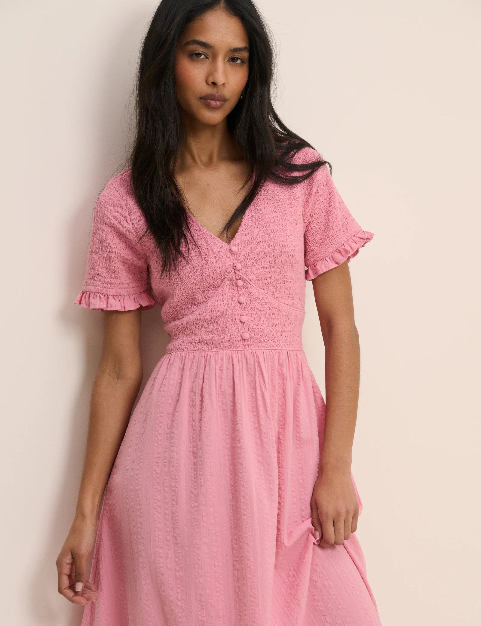 Pink Shirred V-Neck Eliza Midi Dress - Image 3