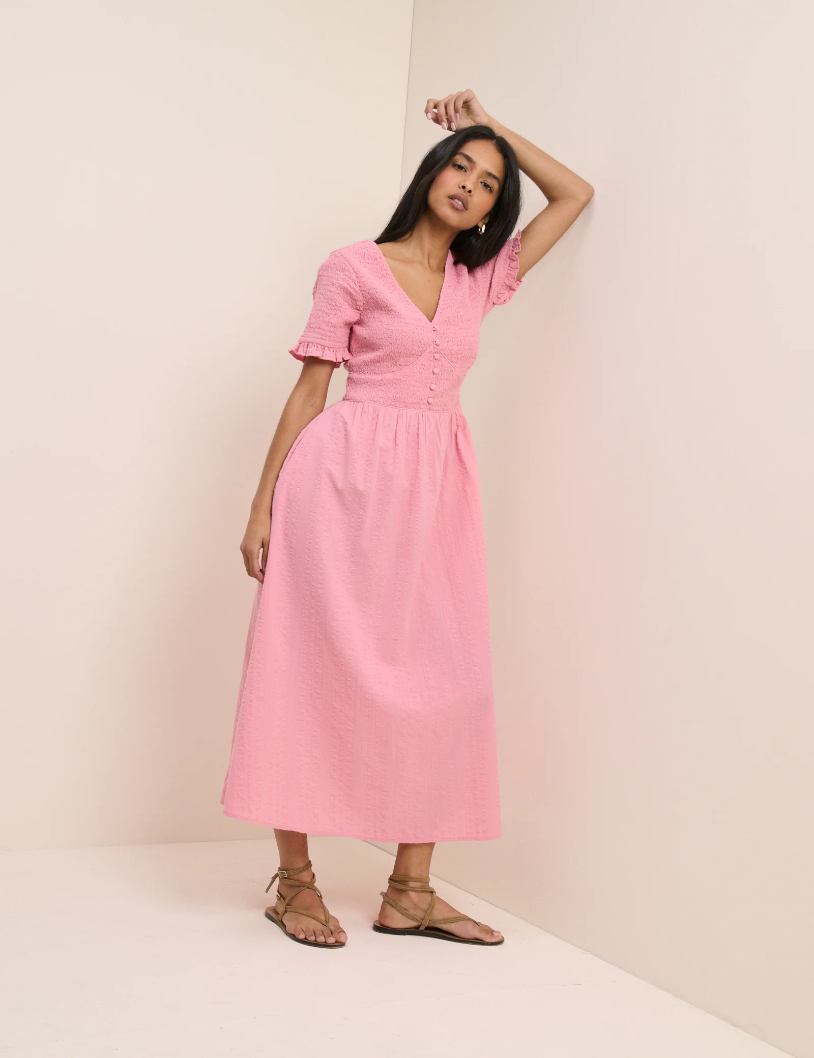 Pink Shirred V-Neck Eliza Midi Dress - Image 4