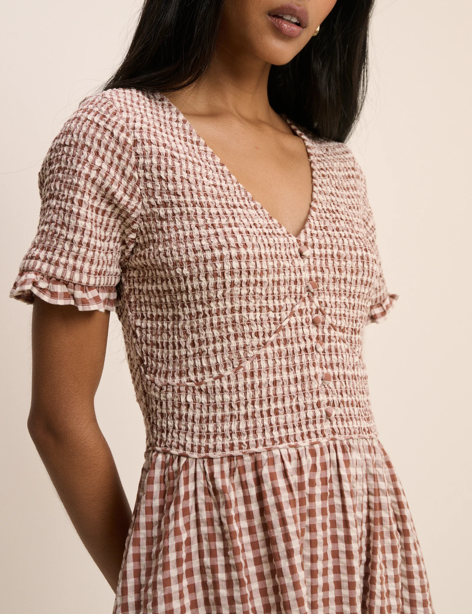 Brown Gingham Shirred Eliza Midi Dress - Image 2