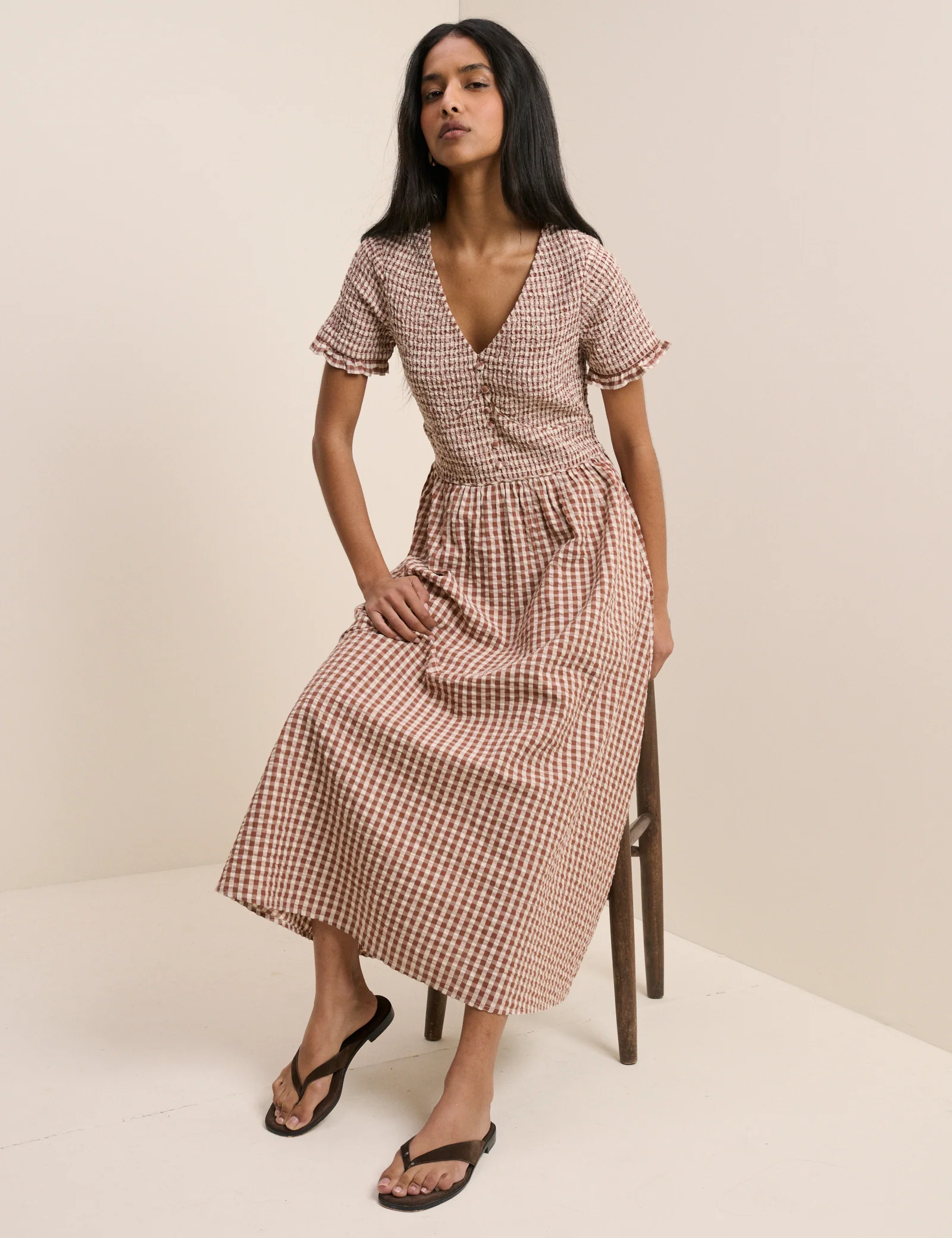 Brown Gingham Shirred Eliza Midi Dress - Image 3