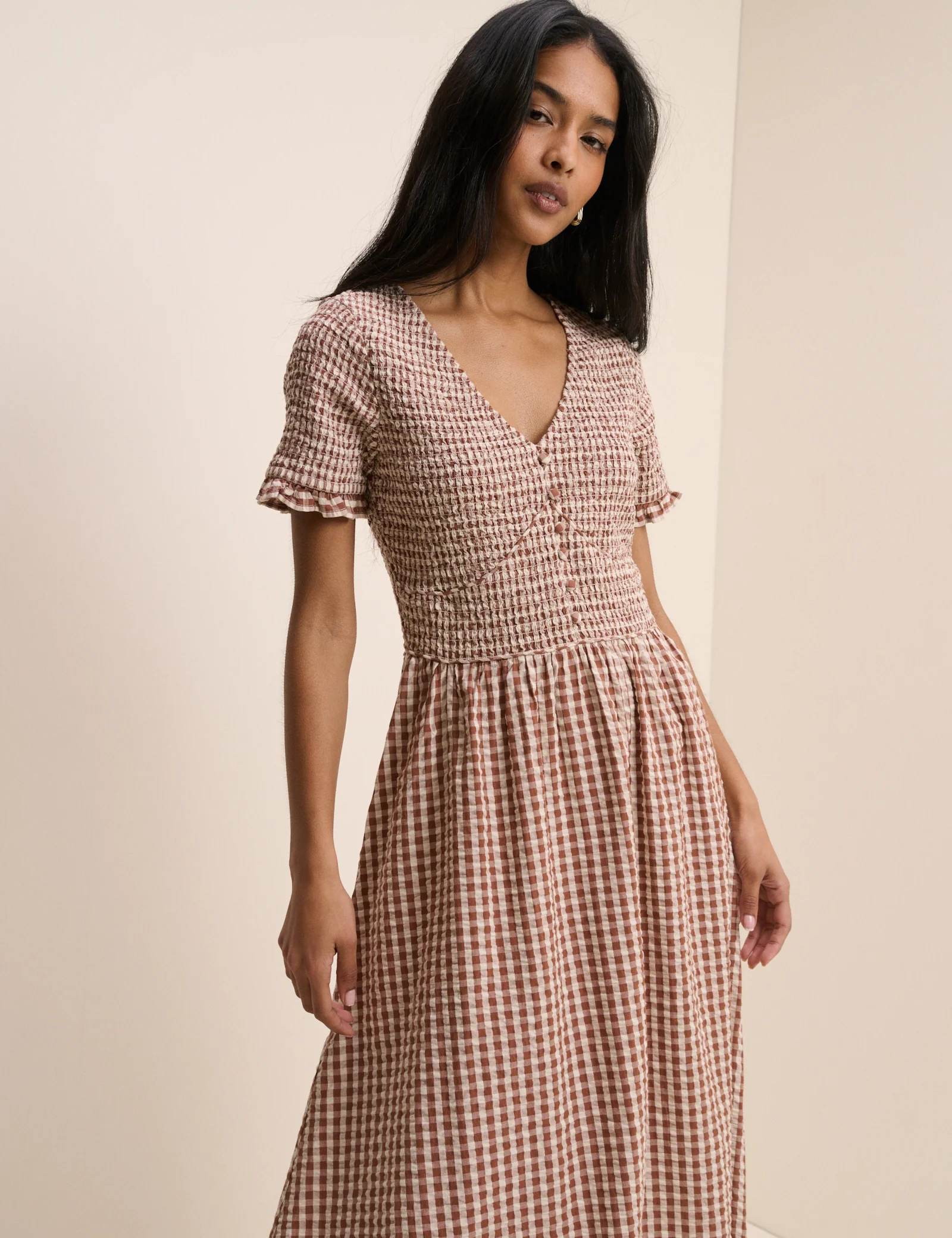 Brown Gingham Shirred Eliza Midi Dress - Image 4