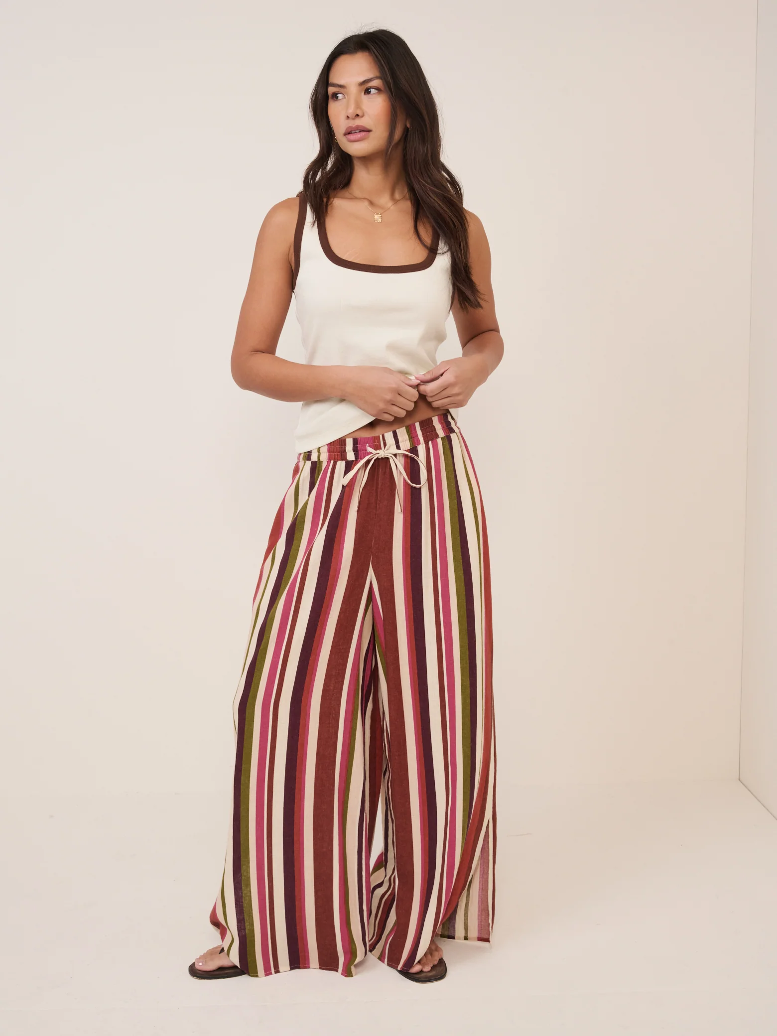 Multi-Coloured Striped Split Hem Wide Leg Trousers - Image 3