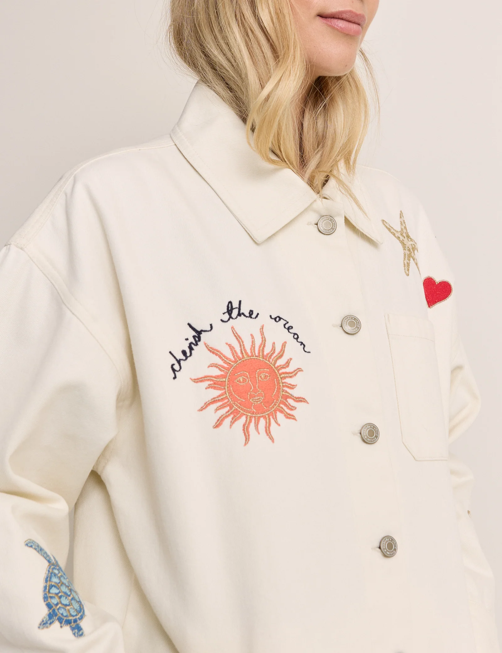 Cream Embroidered Denim Shacket - Image 4