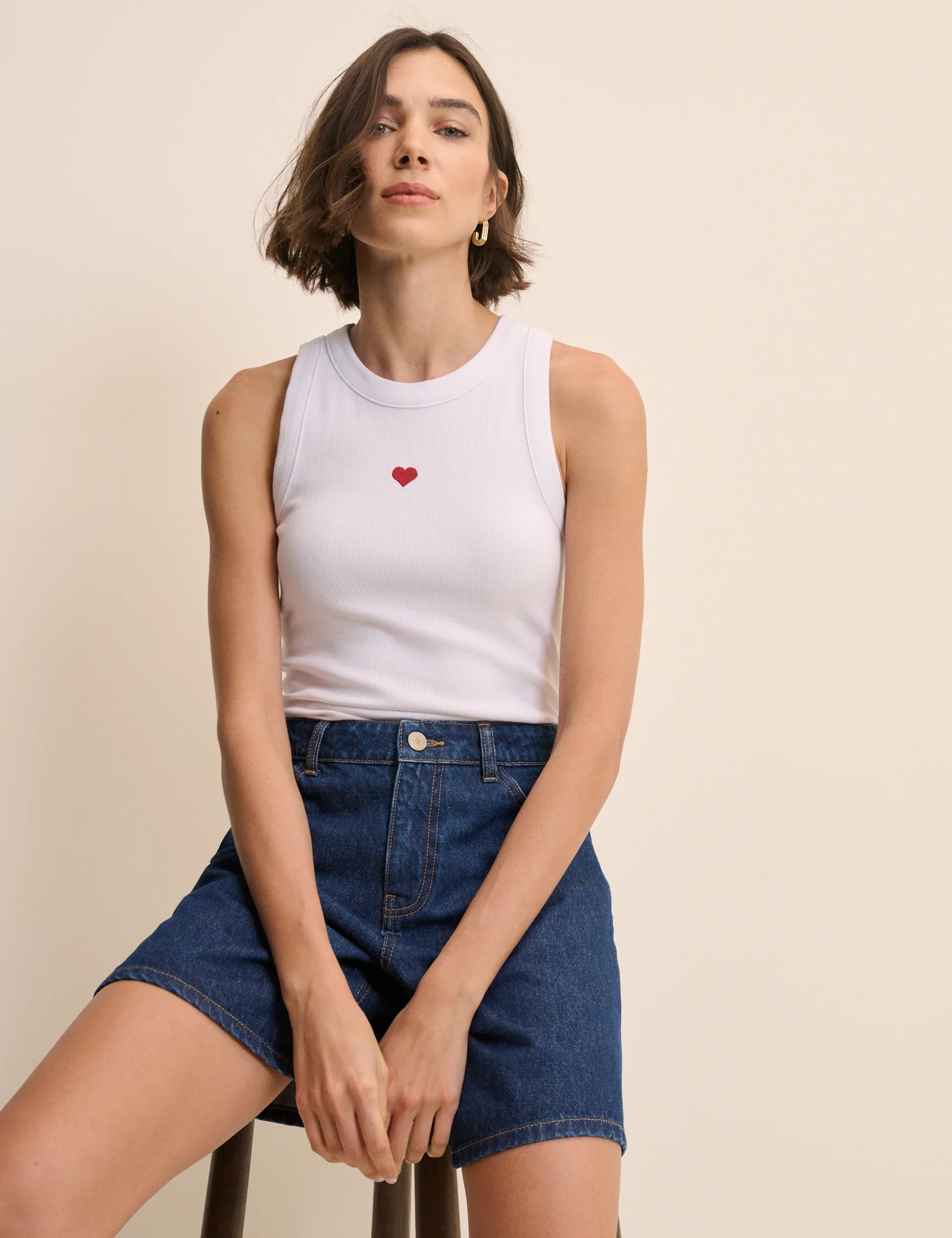 White Heart Embroidered Ribbed Racer Vest