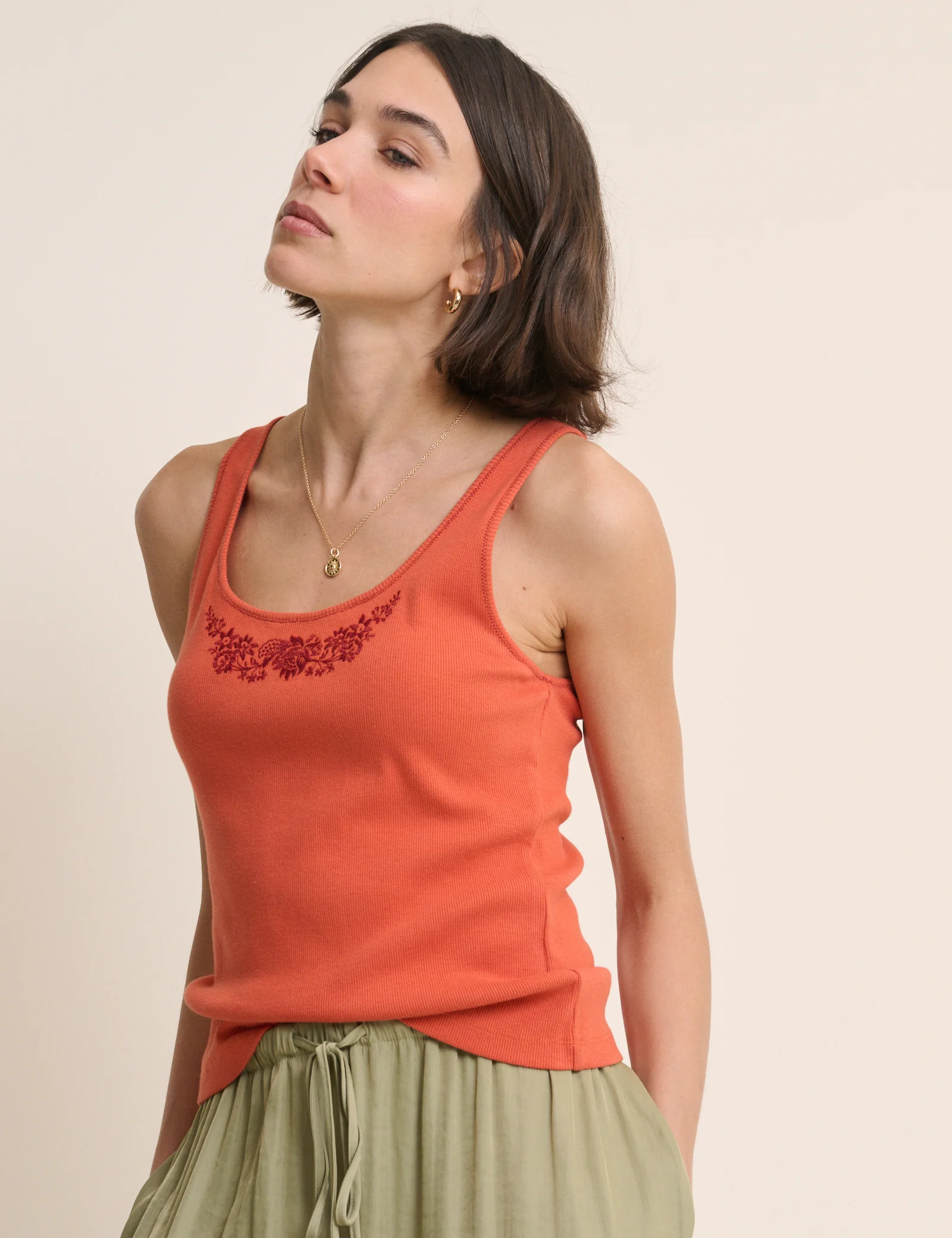 Orange Embroidered Ribbed Vest Top - Image 4