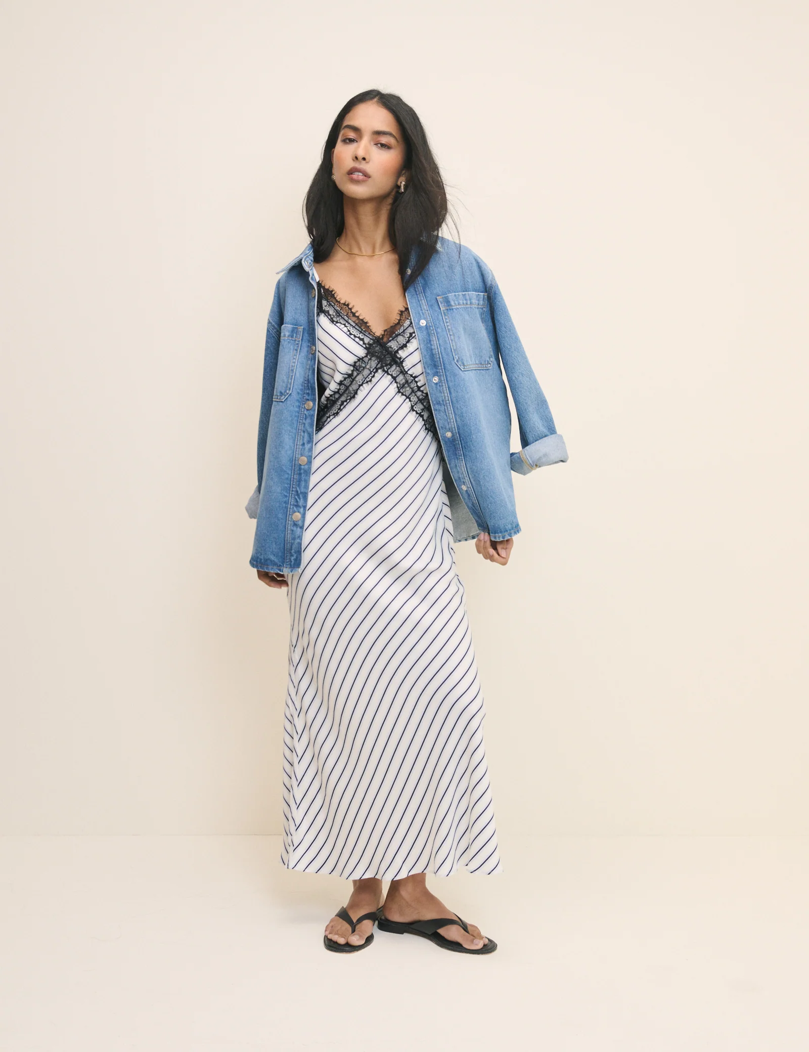 White and Navy Striped Slip Emerson Midi Dress - Image 2