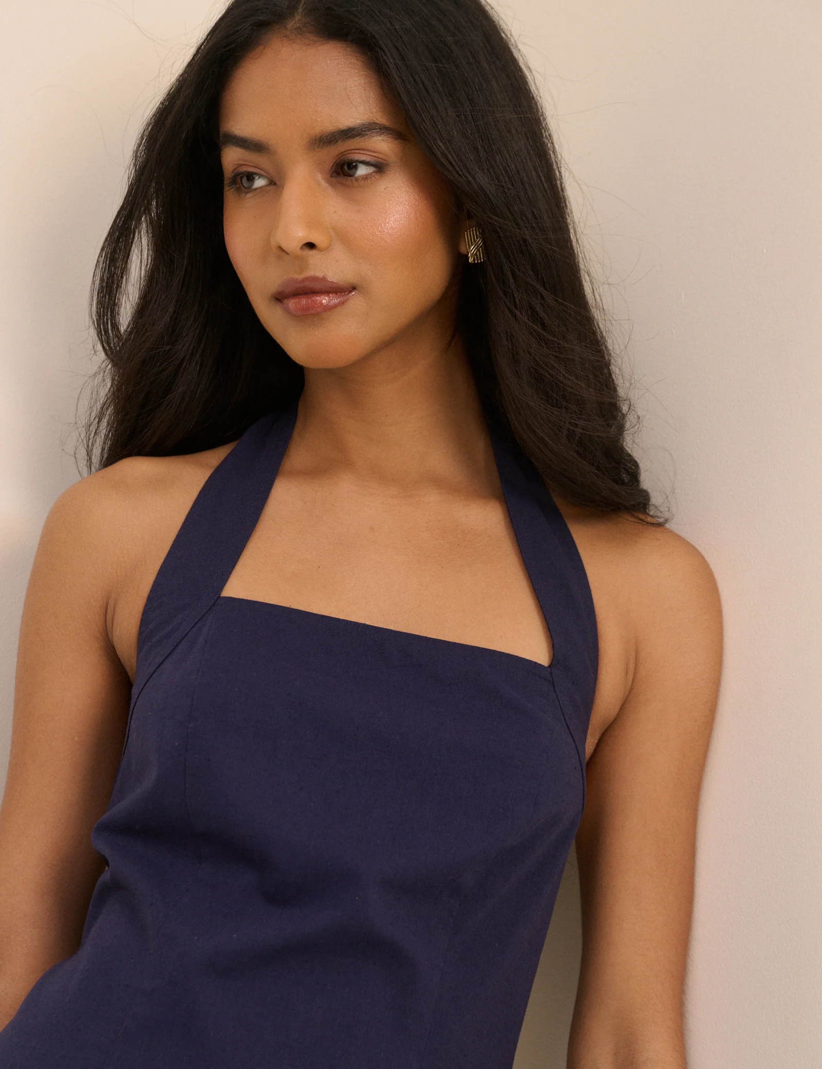 Navy Halterneck Linen-Blend Emily Mini Dress - Image 3