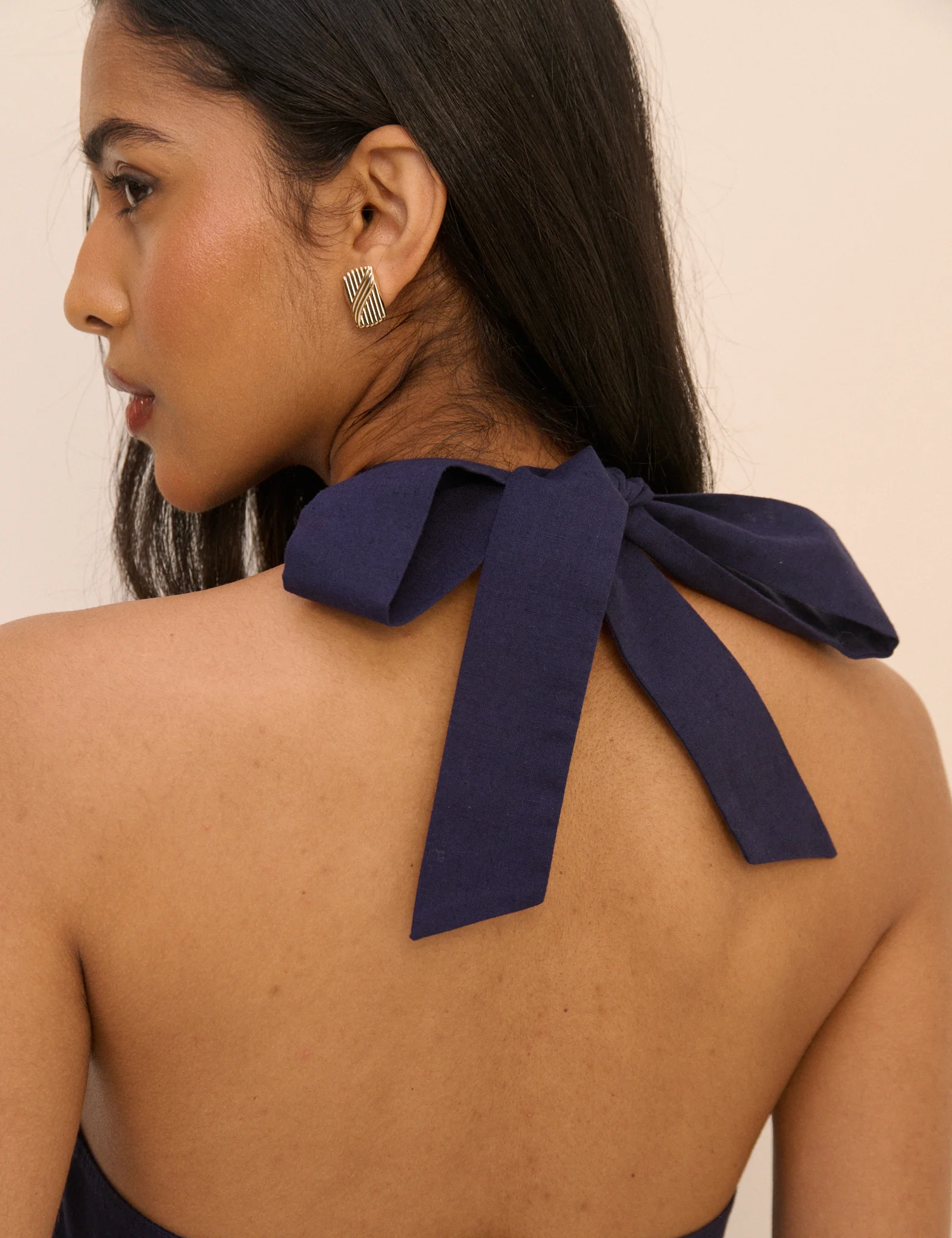 Navy Halterneck Linen-Blend Emily Mini Dress - Image 5
