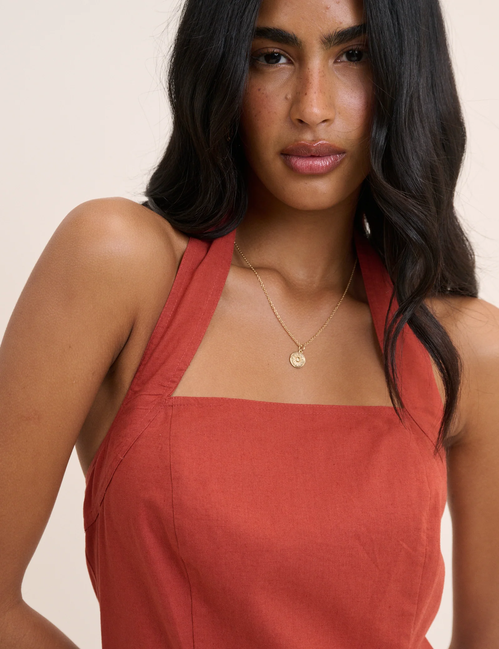 Dusty Red Linen-Blend Halterneck Emily Mini Dress - Image 3