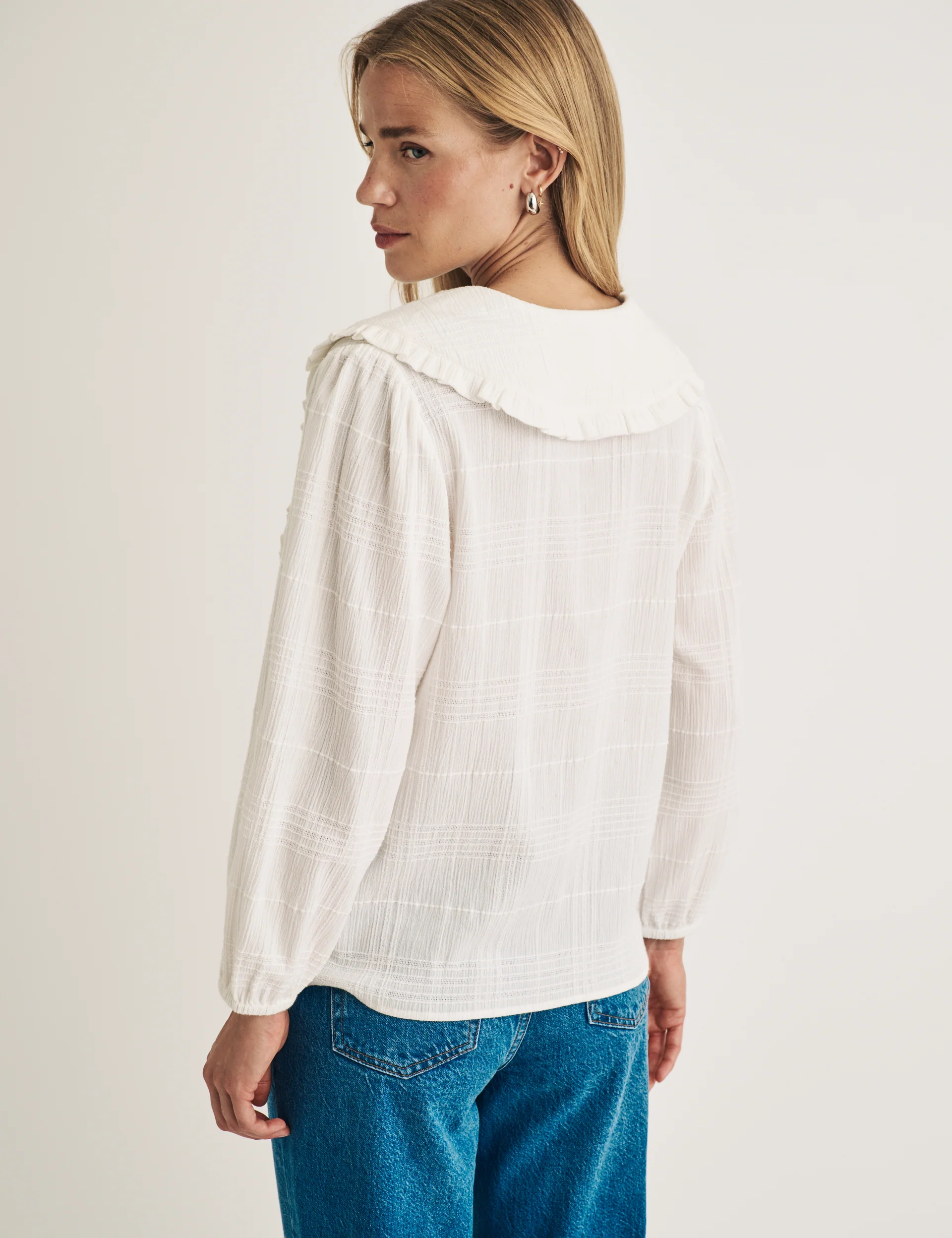 White Check Frill Peter Pan Collar Blouse - Image 3