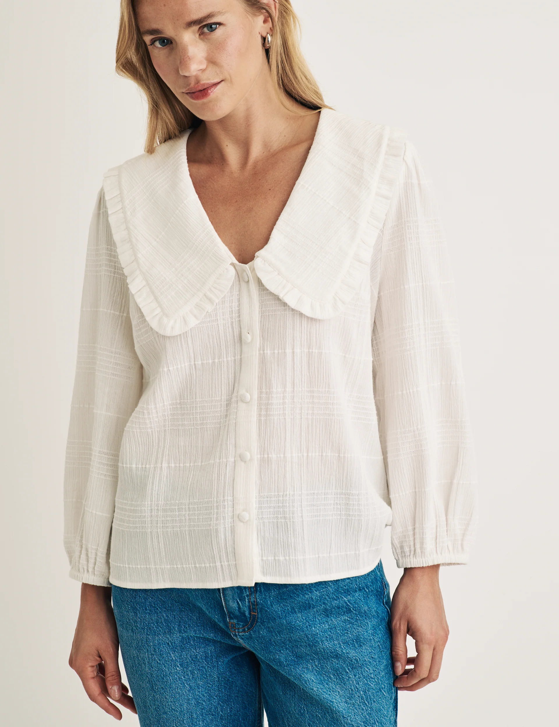 White Check Frill Peter Pan Collar Blouse - Image 4