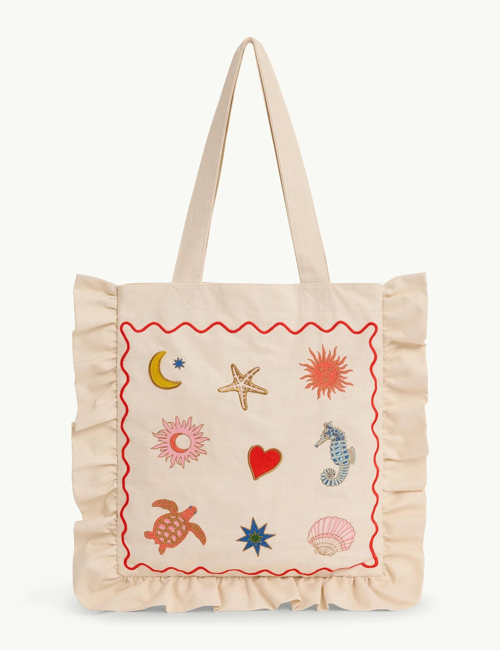 White Embroidered Frill Tote Bag - Image 6