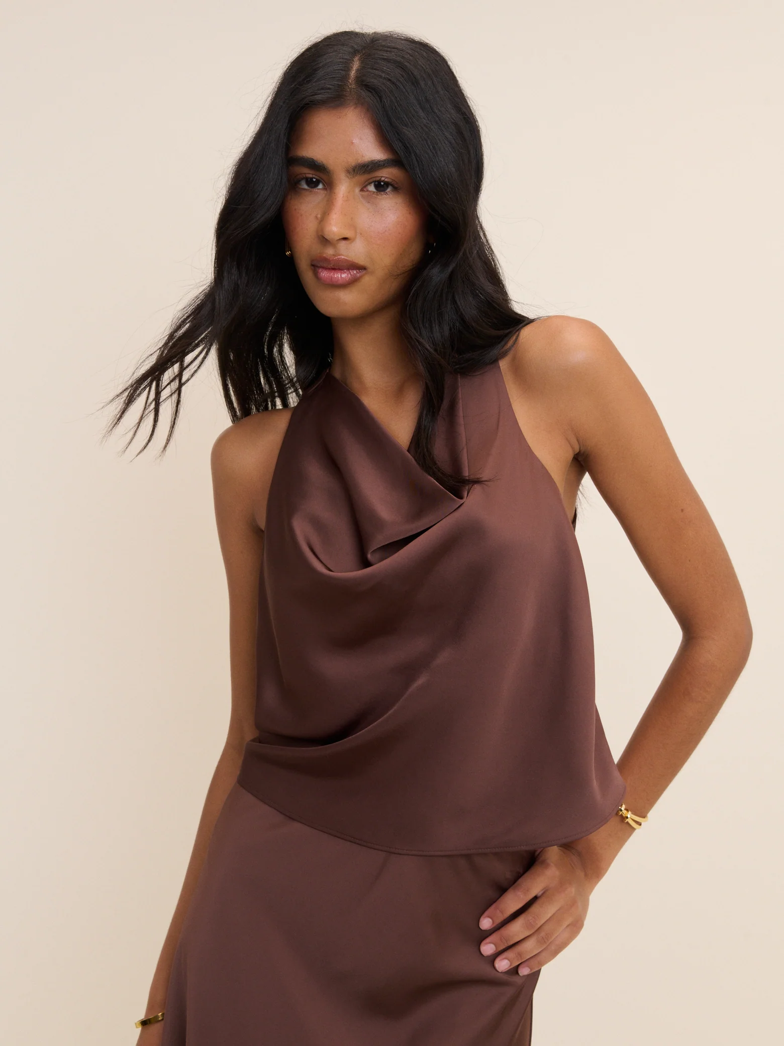 Brown Cowl Neck Satin Top - Image 2