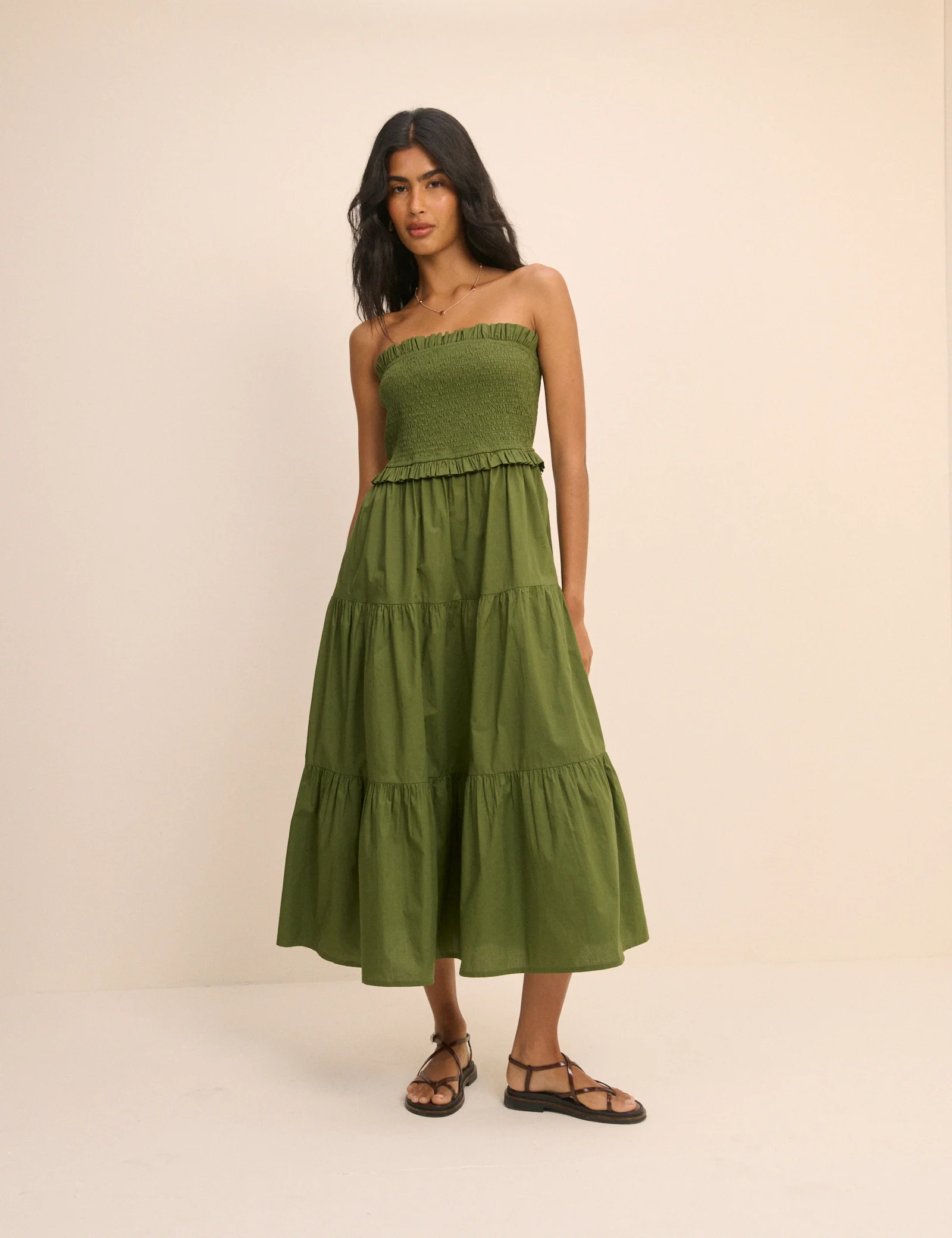 Khaki Shirred Bandeau Tiered Eva Midi Dress