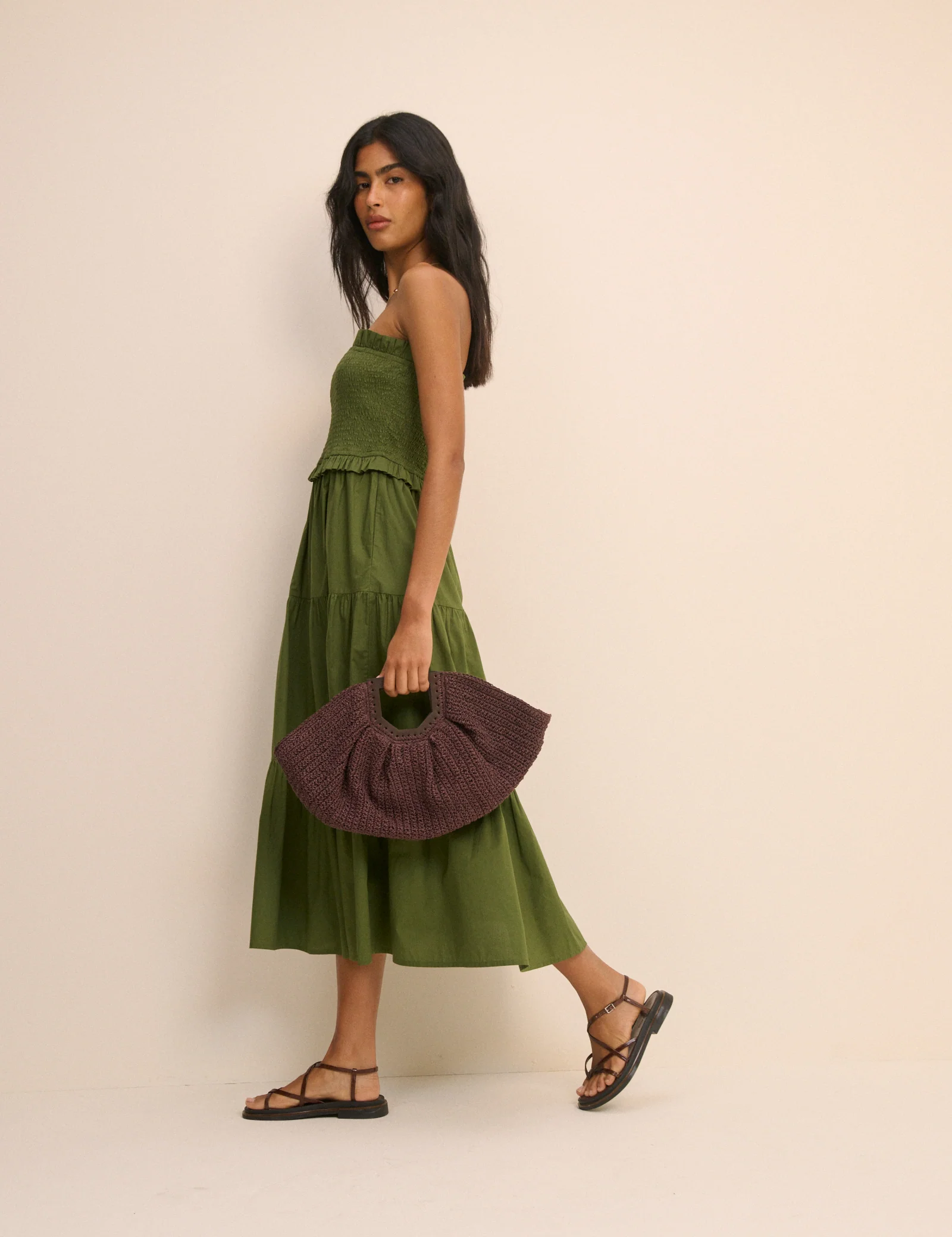 Khaki Shirred Bandeau Tiered Eva Midi Dress - Image 3