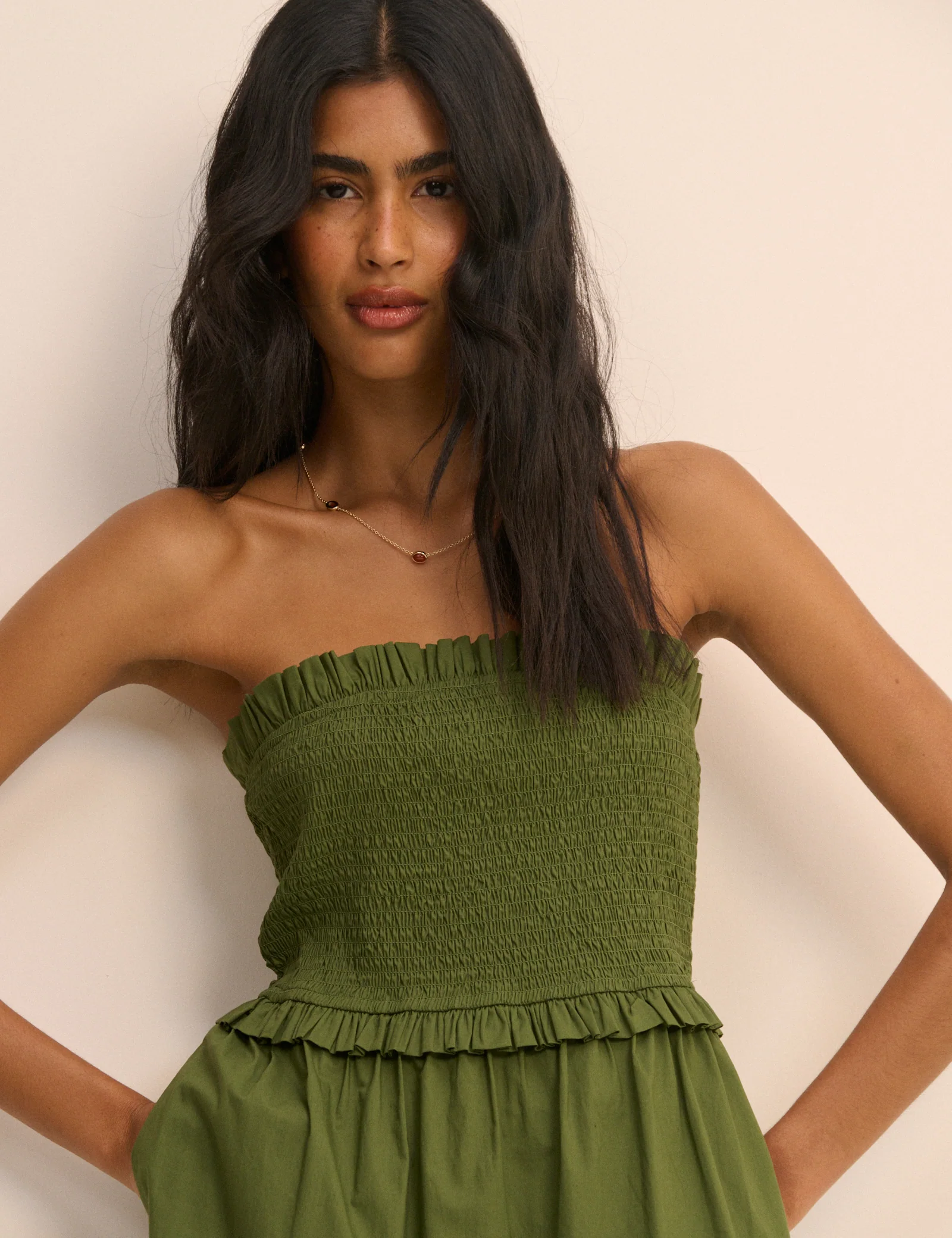 Khaki Shirred Bandeau Tiered Eva Midi Dress - Image 4
