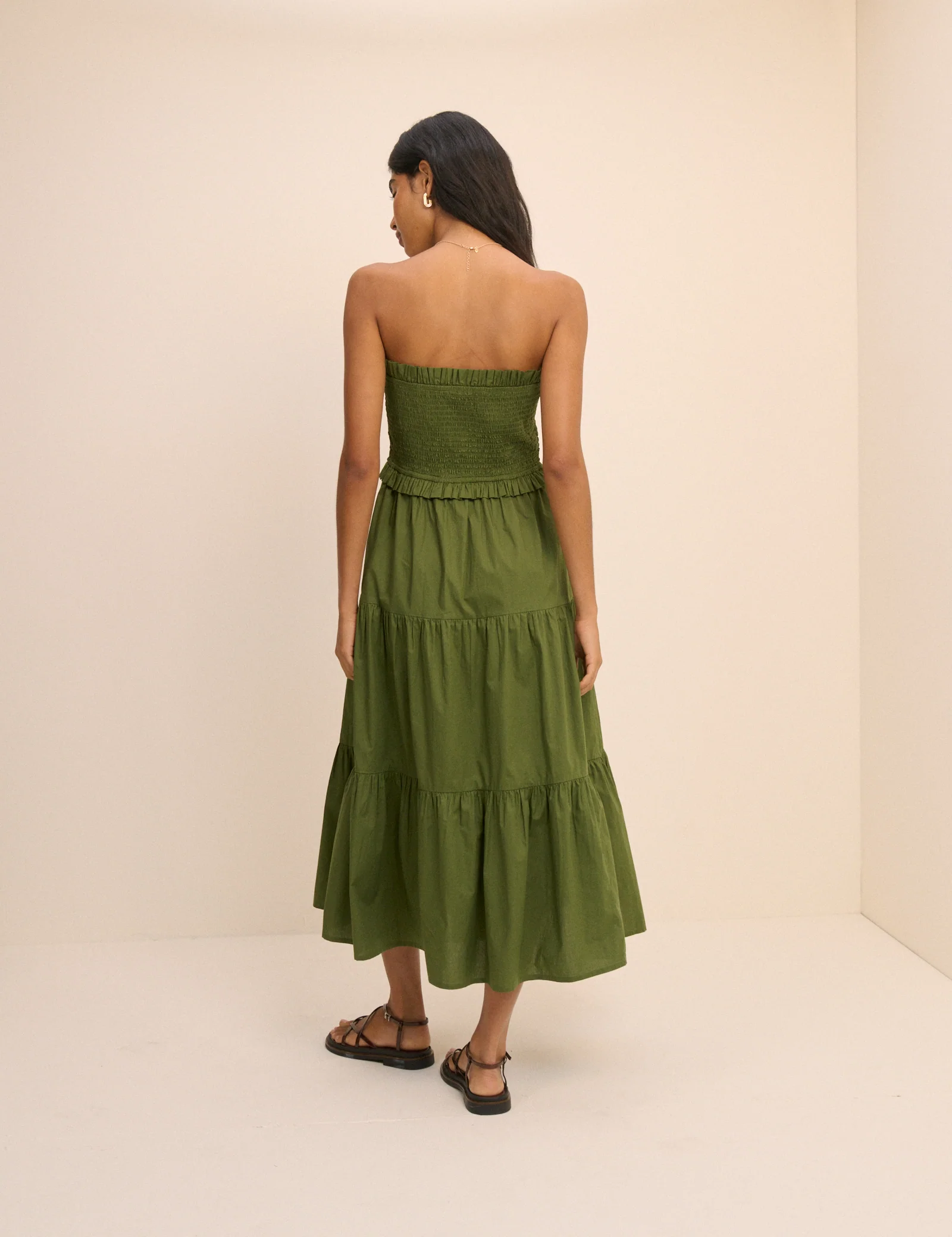 Khaki Shirred Bandeau Tiered Eva Midi Dress - Image 5