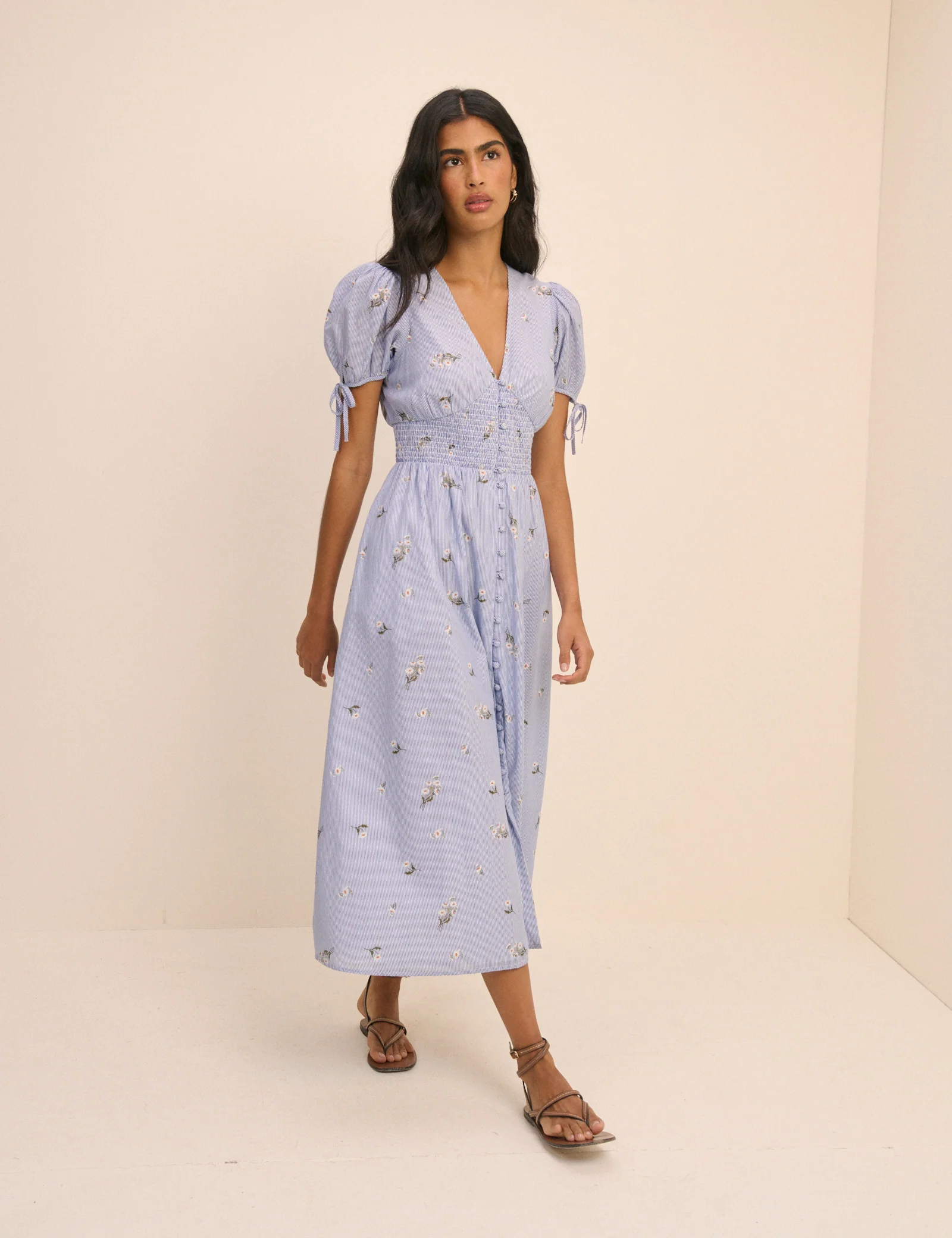Blue Pinstriped Embroidered Ezra Midi Dress - Image 3