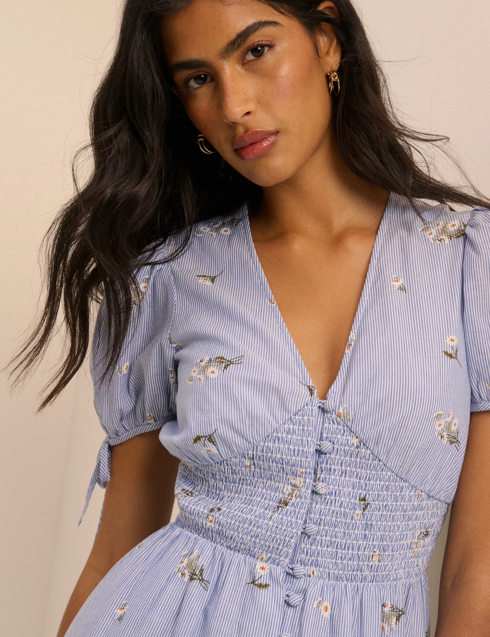 Blue Pinstriped Embroidered Ezra Midi Dress - Image 4