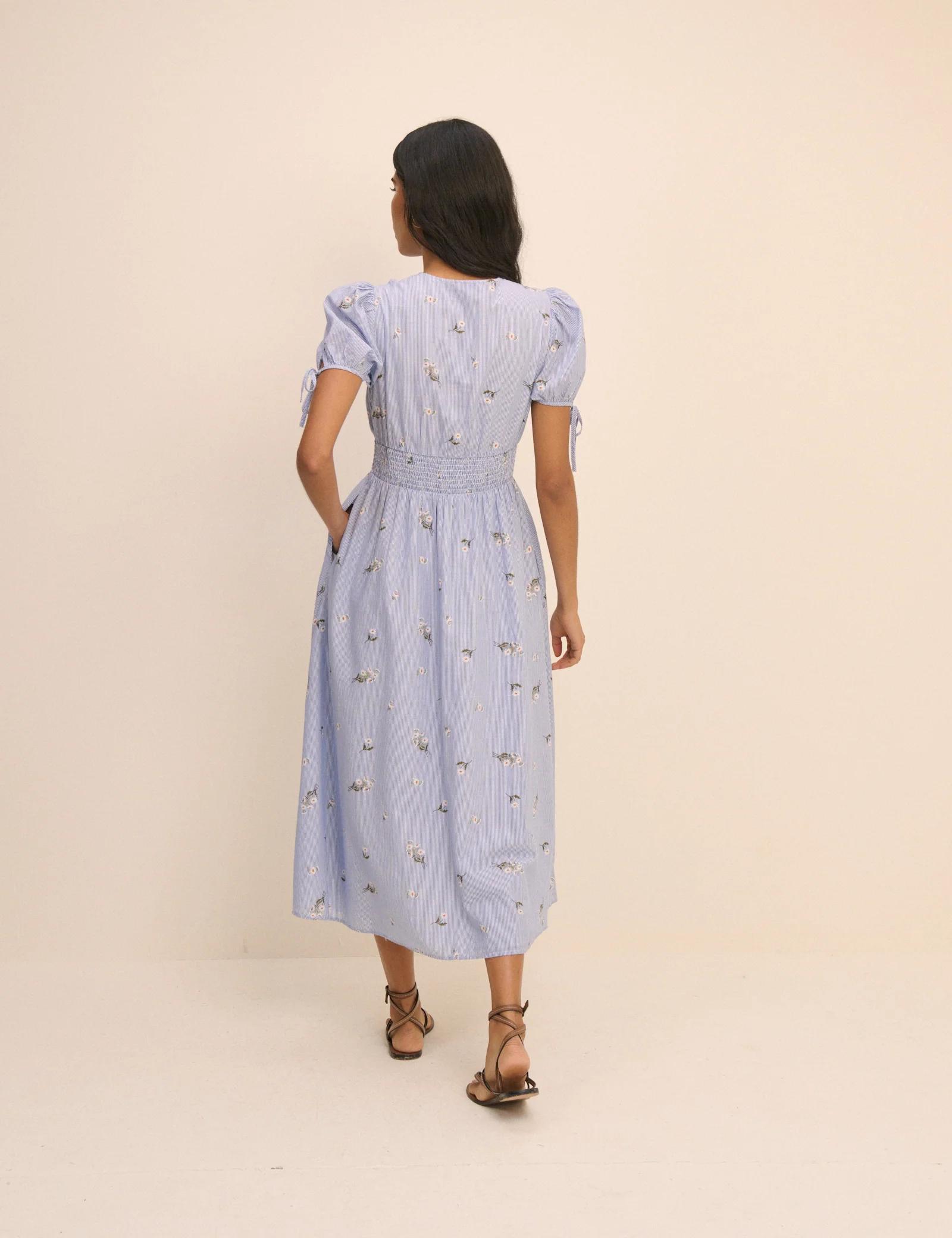 Blue Pinstriped Embroidered Ezra Midi Dress - Image 5