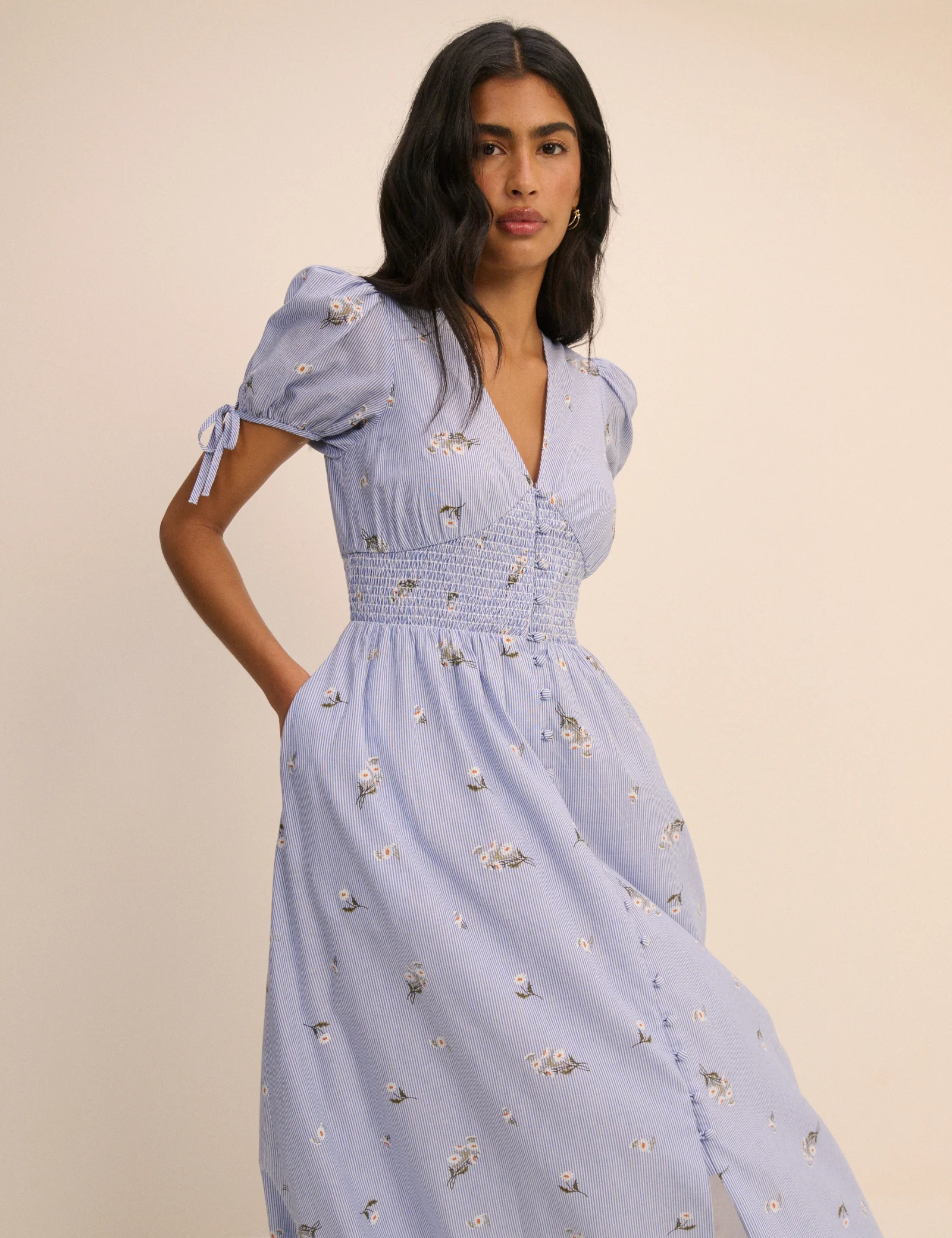 Blue Pinstriped Embroidered Ezra Midi Dress - Image 6
