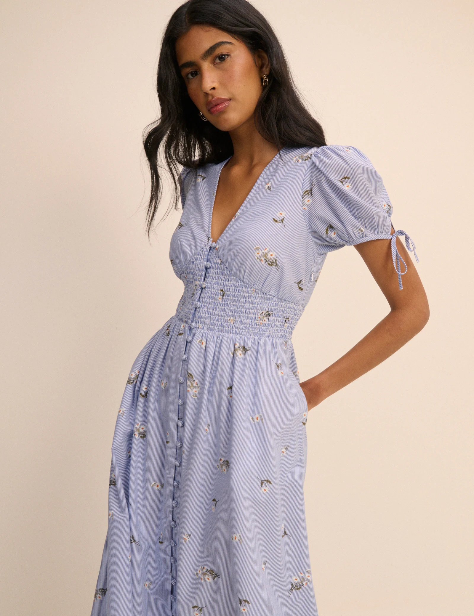 Blue Pinstriped Embroidered Ezra Midi Dress - Image 7
