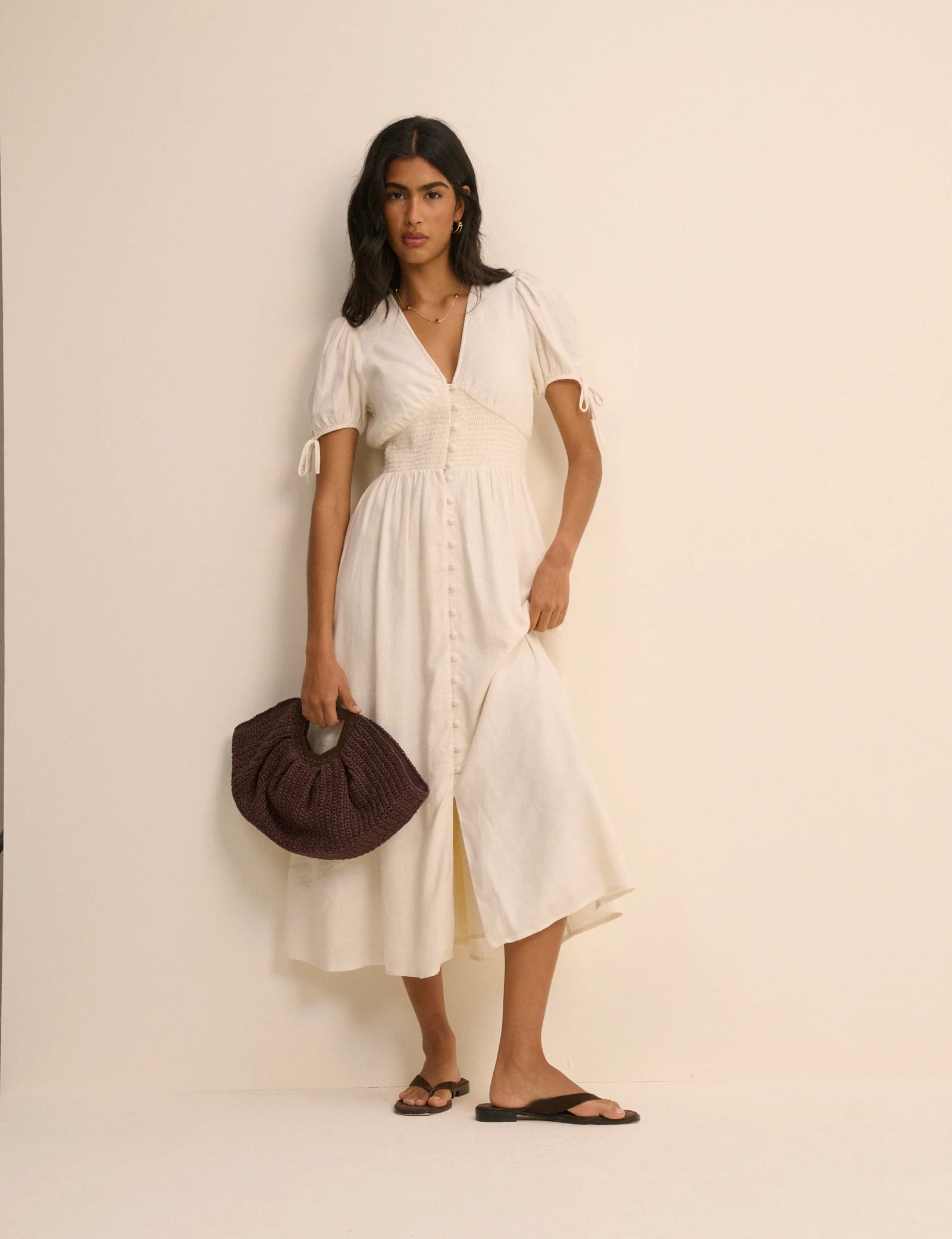 Cream Linen-Blend Button Front Ezra Midi Dress - Image 3