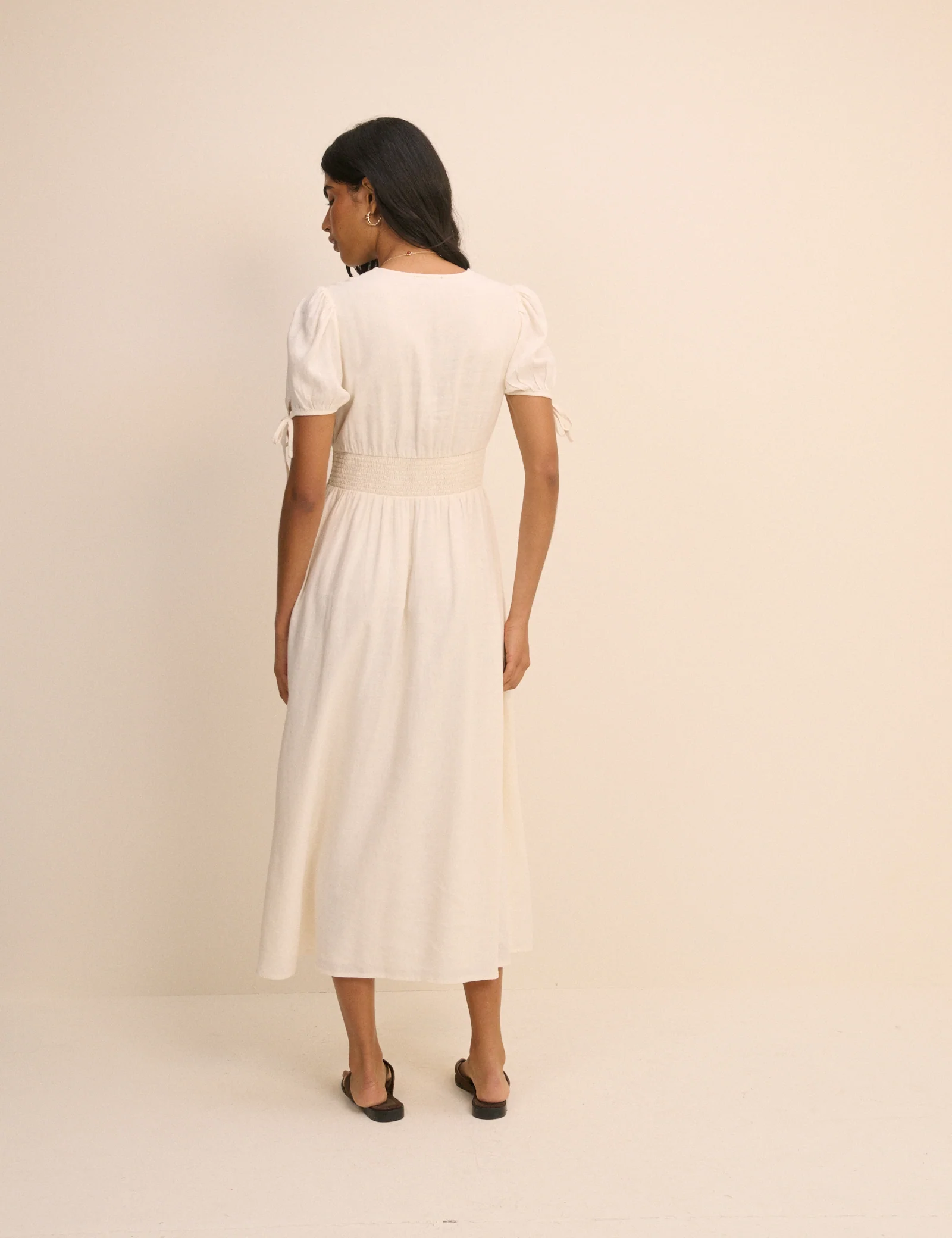 Cream Linen-Blend Button Front Ezra Midi Dress - Image 5