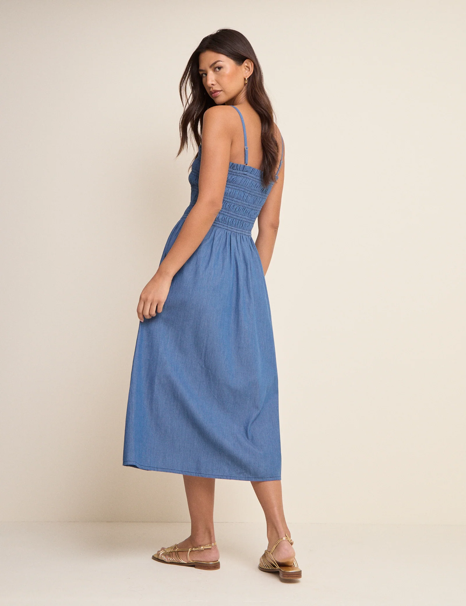 Mid-Wash Denim Shirred Faith Midi Dress - Image 4