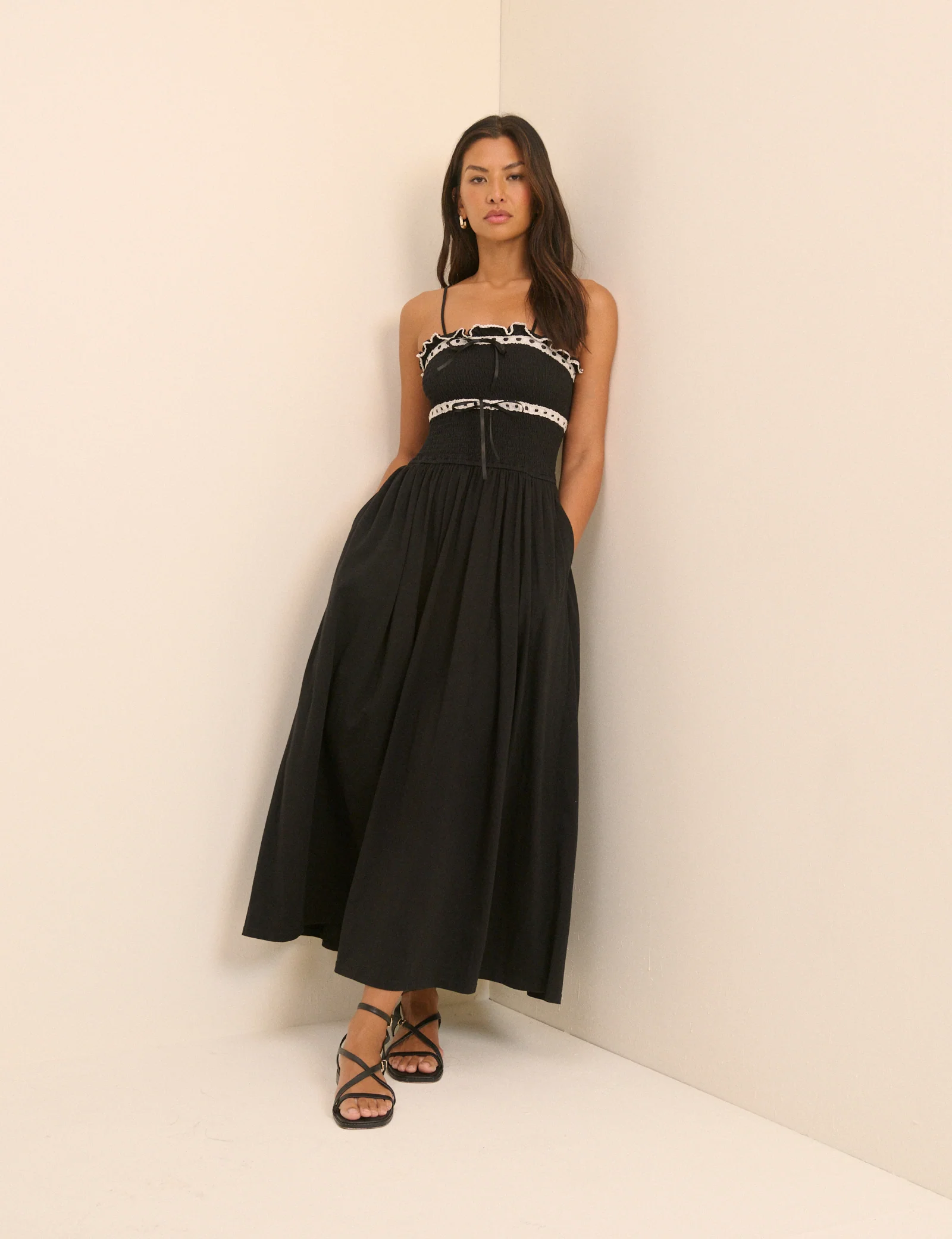 Black Shirred Ruffle Trim Ferne Midi Dress