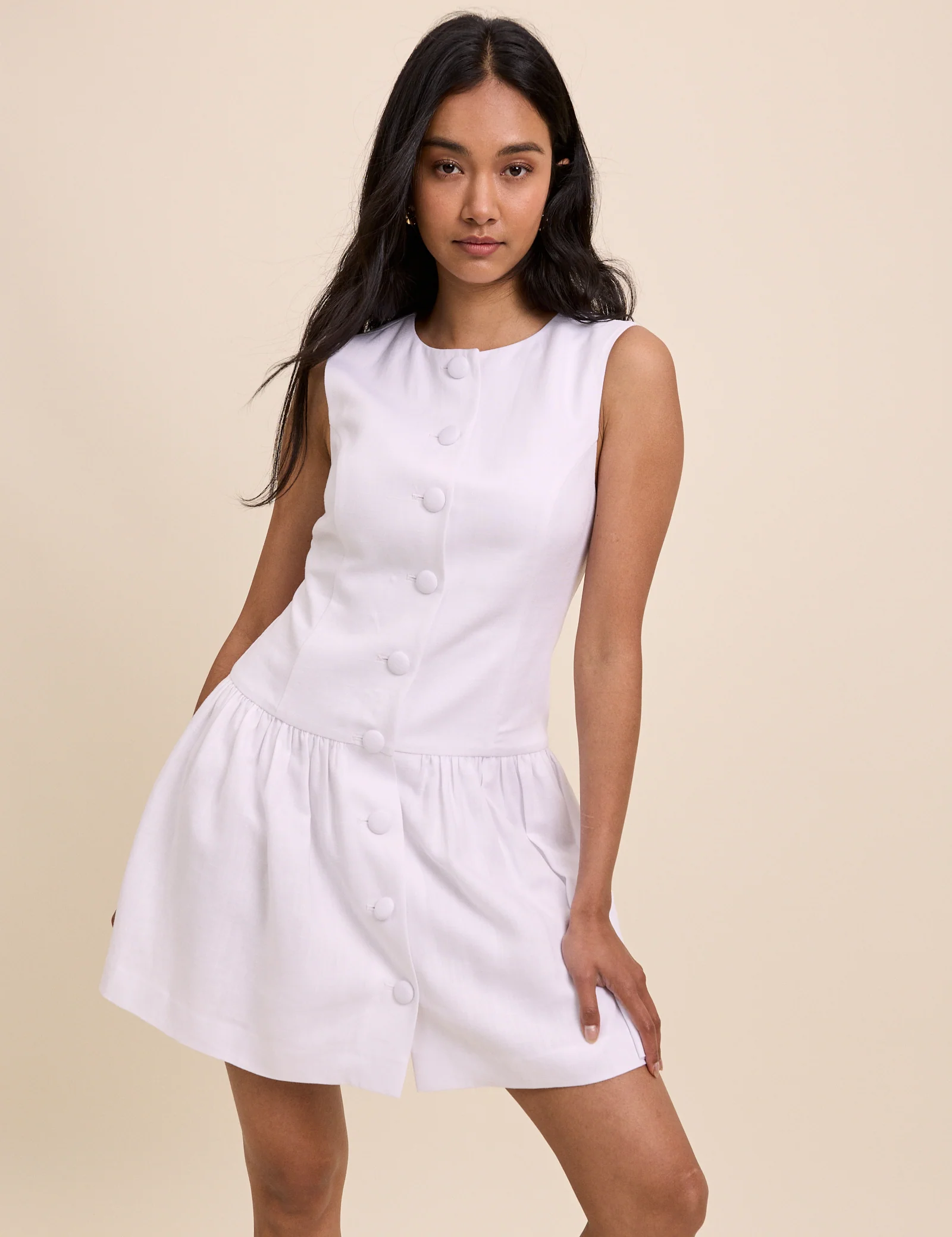 White Tailored Drop Waist Mini Dress - Image 3