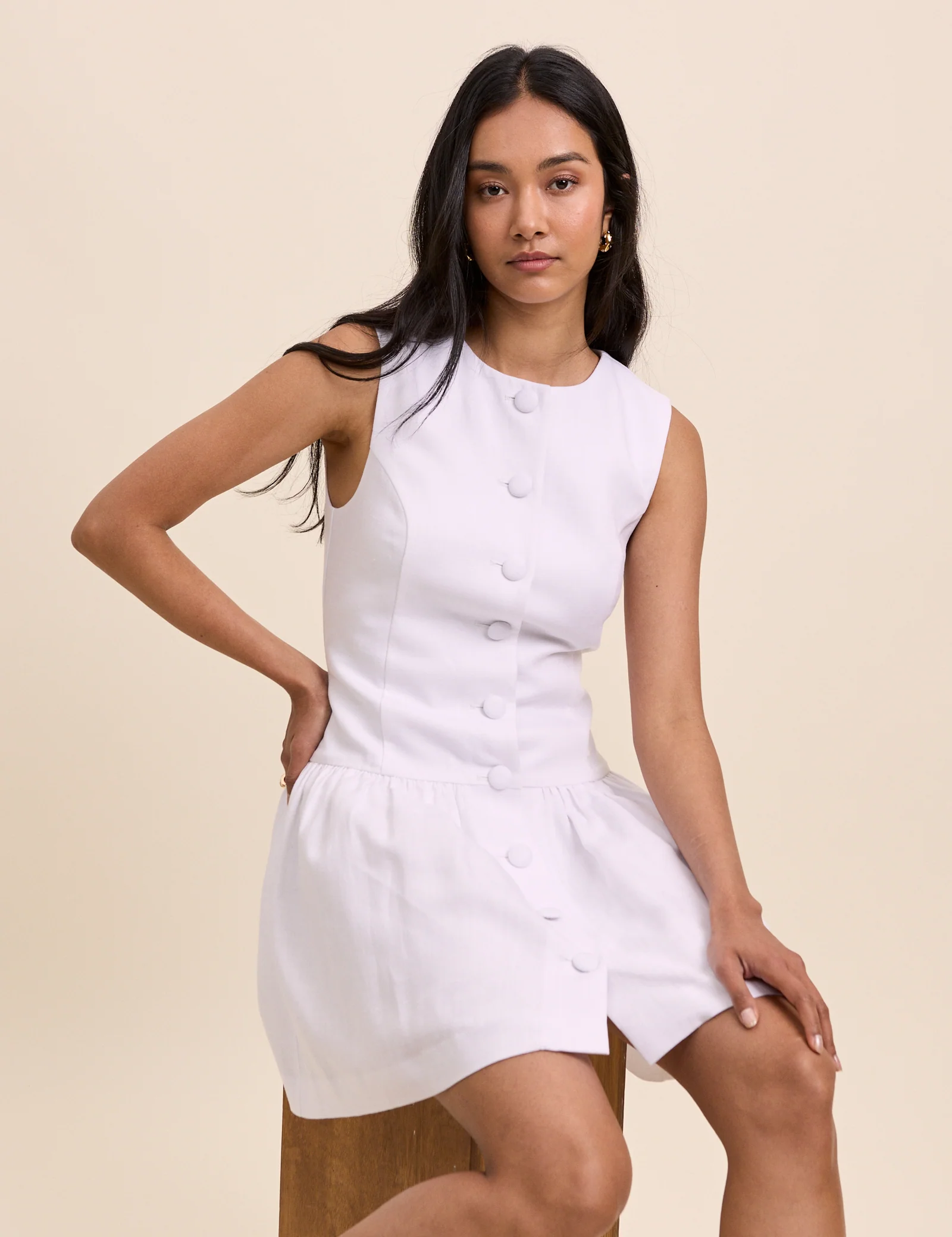 White Tailored Drop Waist Mini Dress - Image 4
