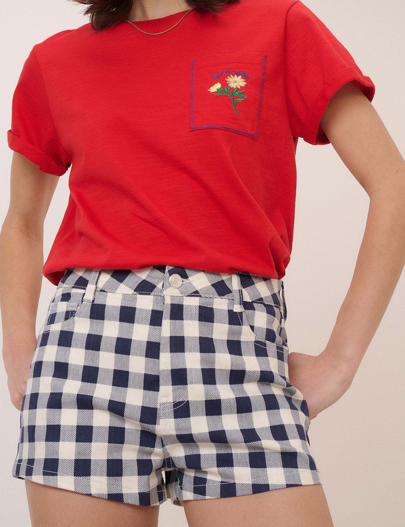 Navy Denim Gingham Mini Shorts - Image 4