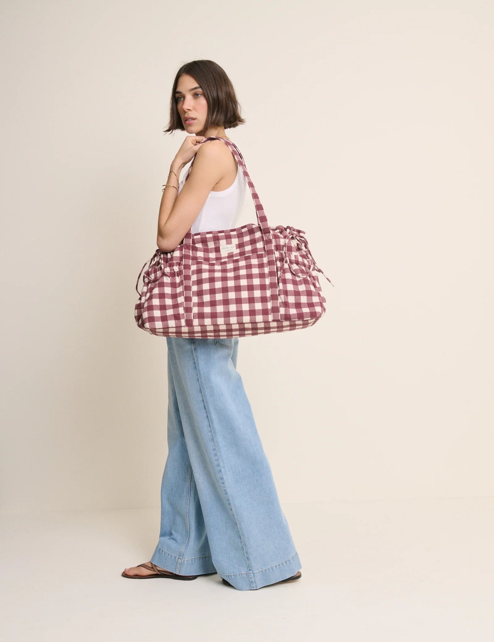 Burgundy Gingham Cotton Holdall Bag - Image 4