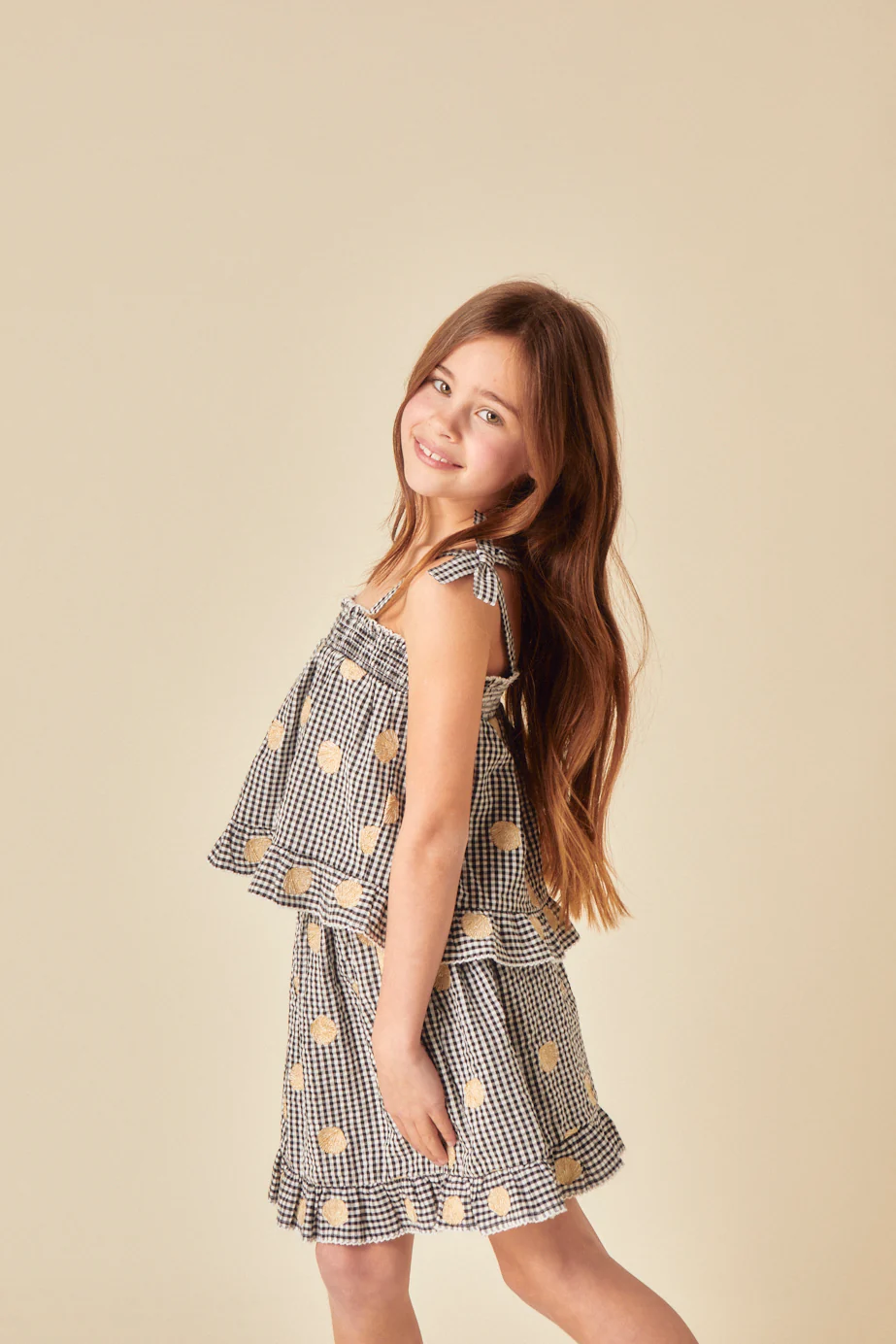 Girls Black Gingham Shell Embroidered Top - Image 3