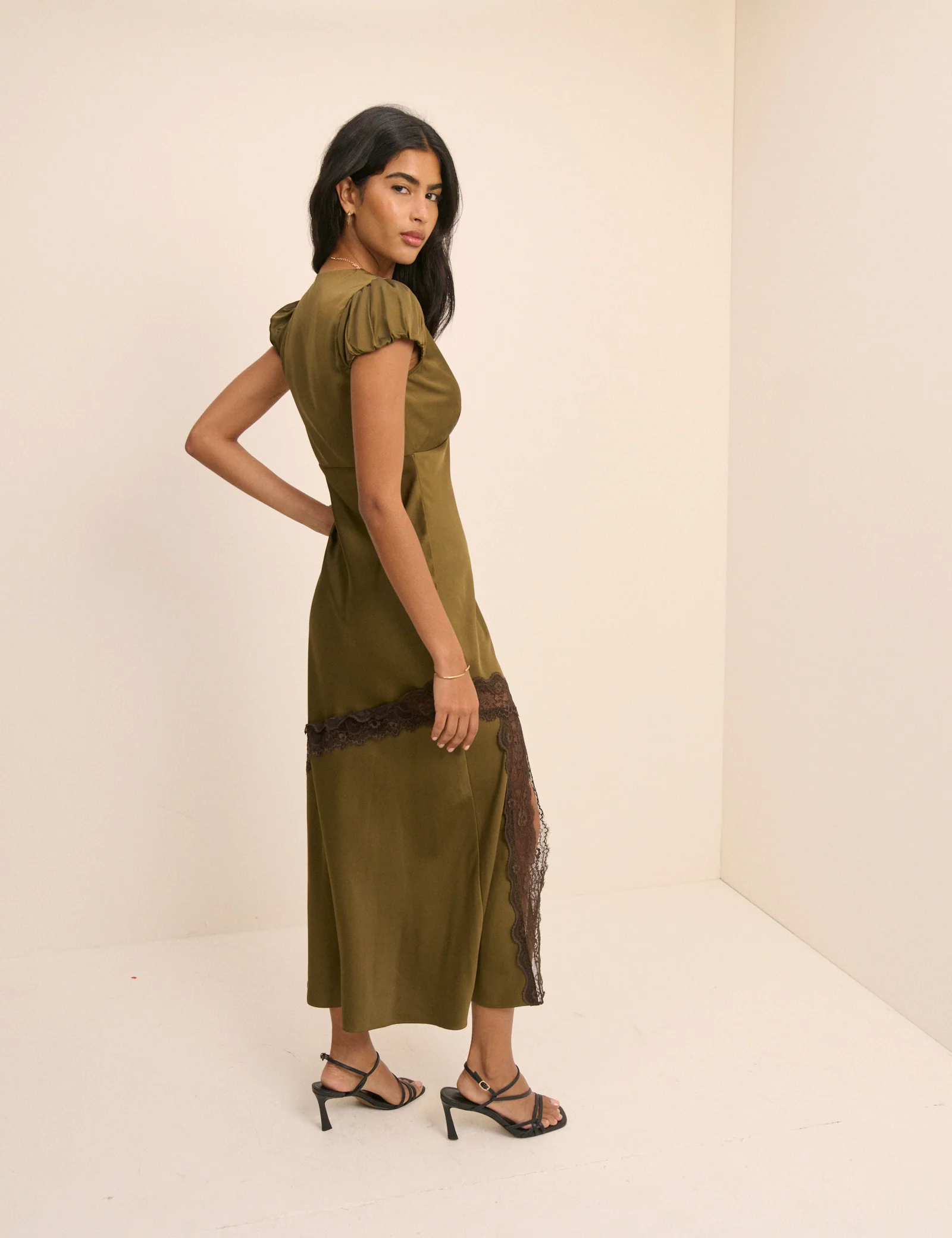 Khaki Lace Trim Satin Midi Dress - Image 5
