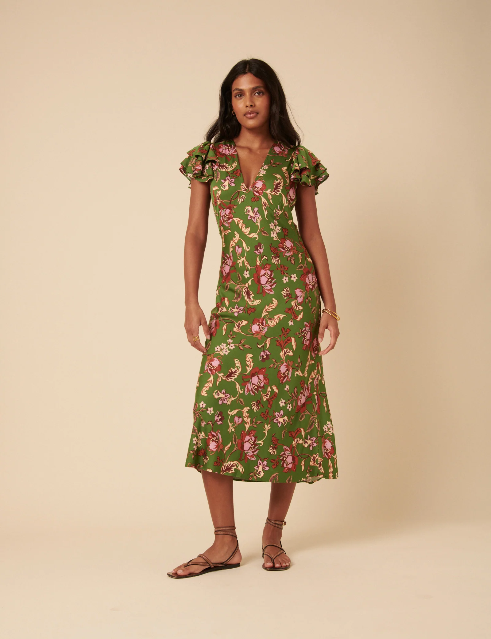 Green Floral Frill Sleeve Layla Midi Dress
