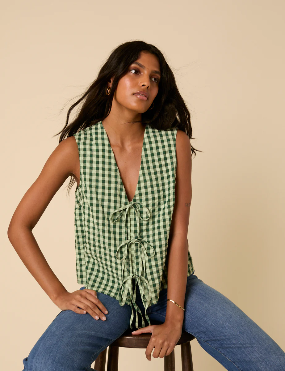 Green Gingham Tie Front Tessa Top - Image 2