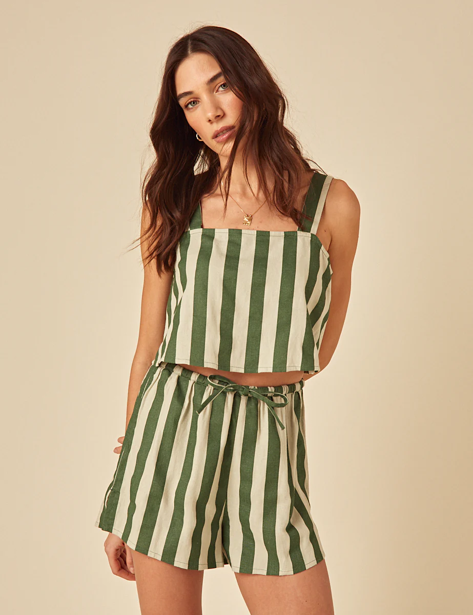 Green Striped Linen-Blend Shorts - Image 2