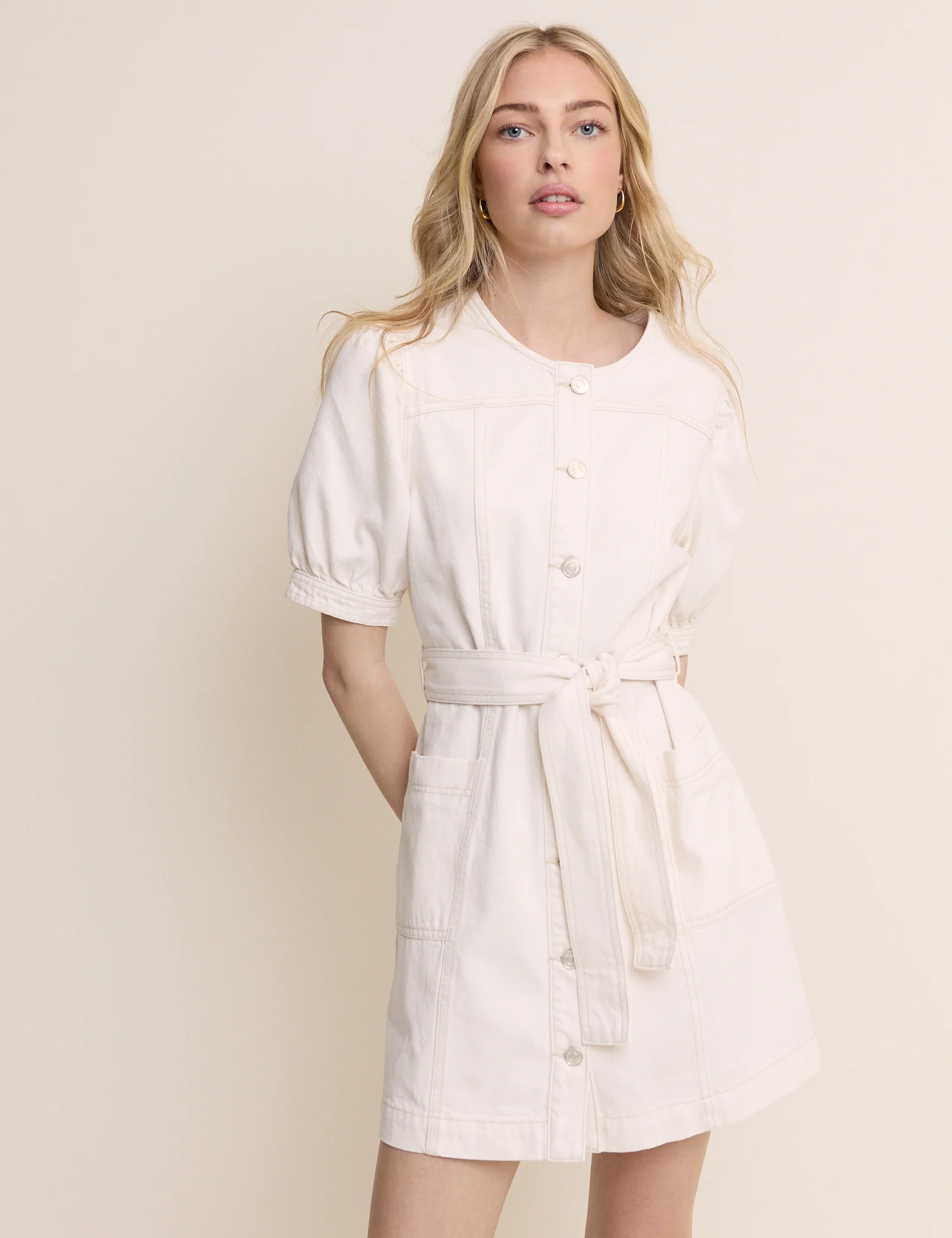 White Denim Puff Sleeve Hallie Mini Dress
