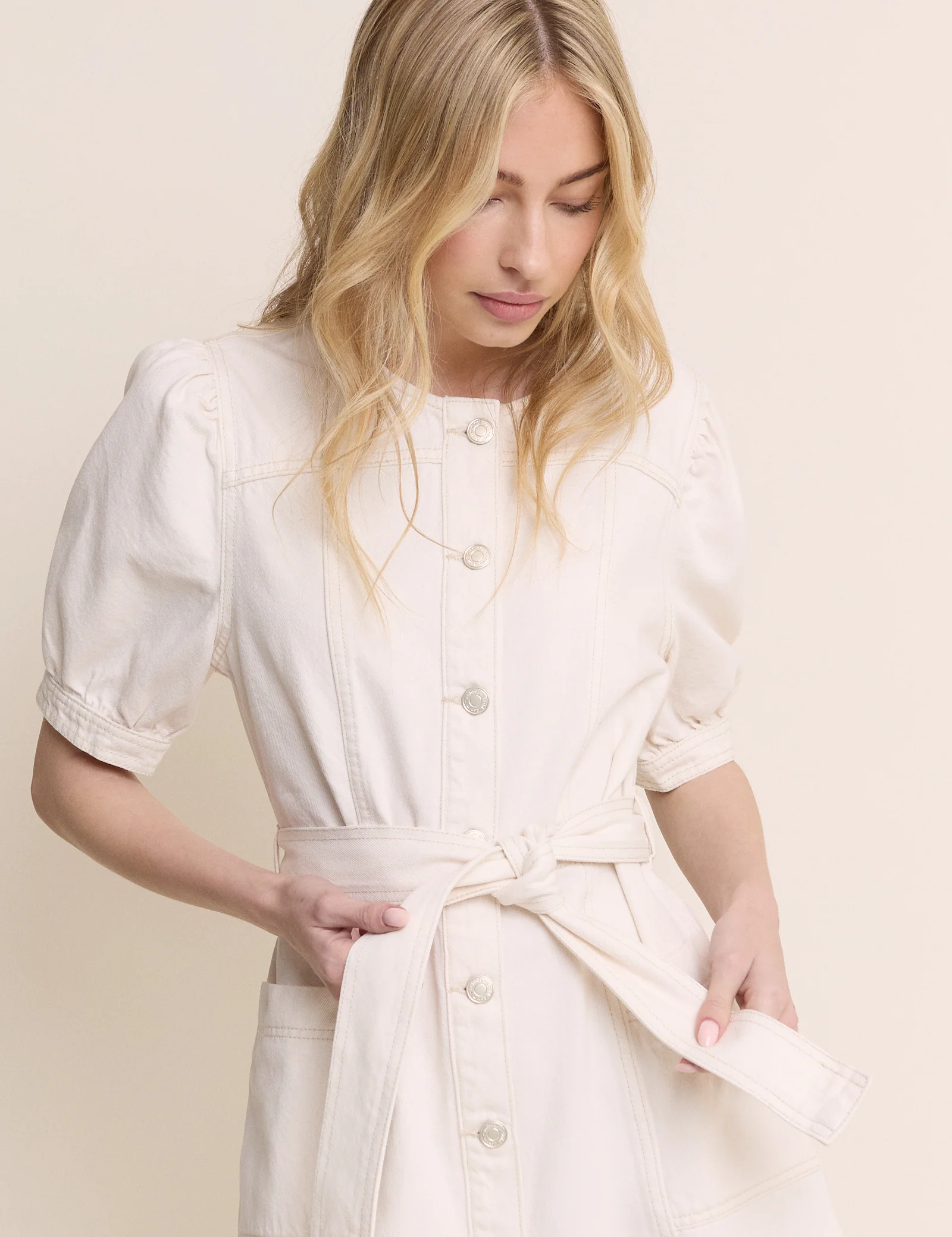White Denim Puff Sleeve Hallie Mini Dress - Image 2