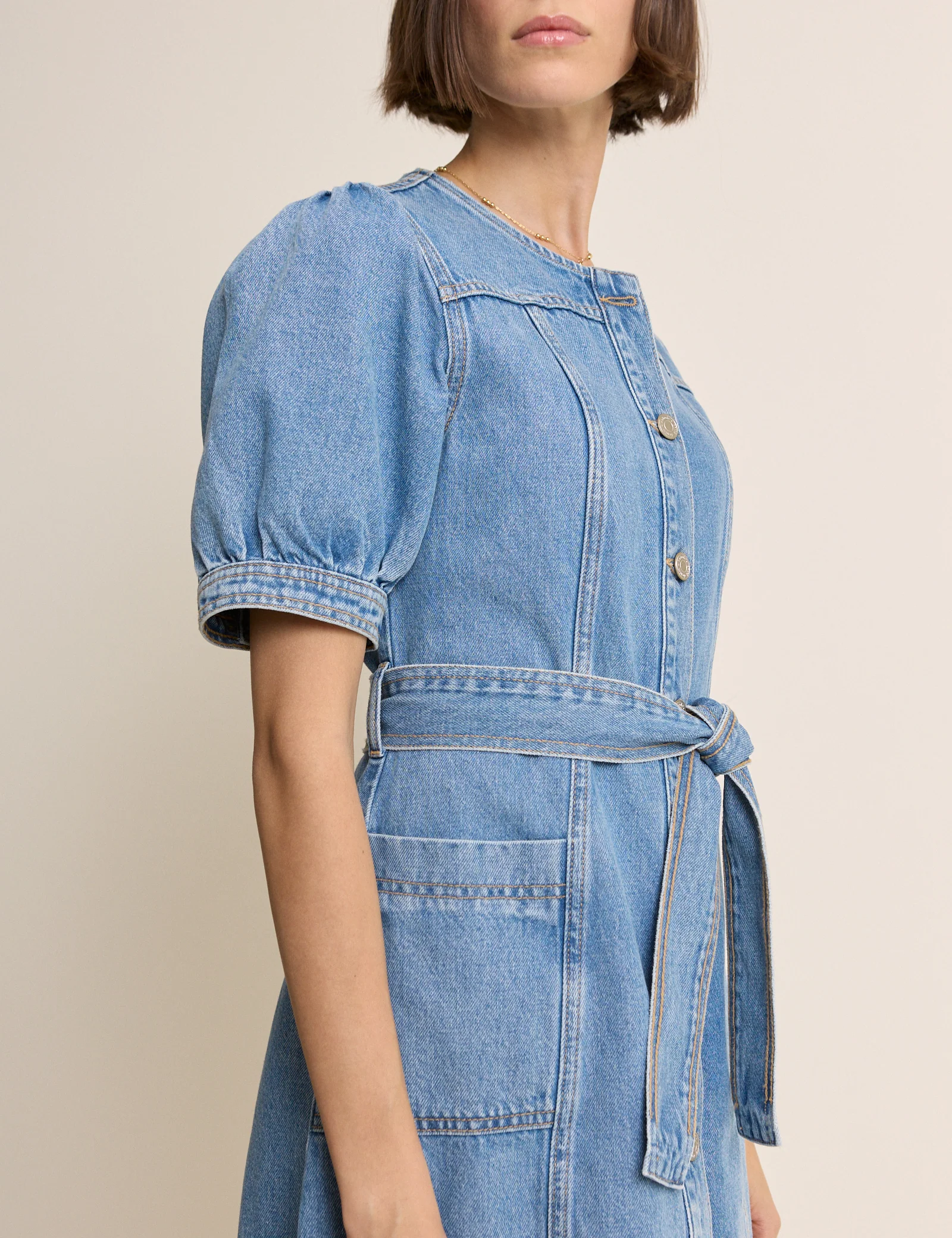 Blue Denim Puff Sleeve Hallie Mini Dress - Image 3