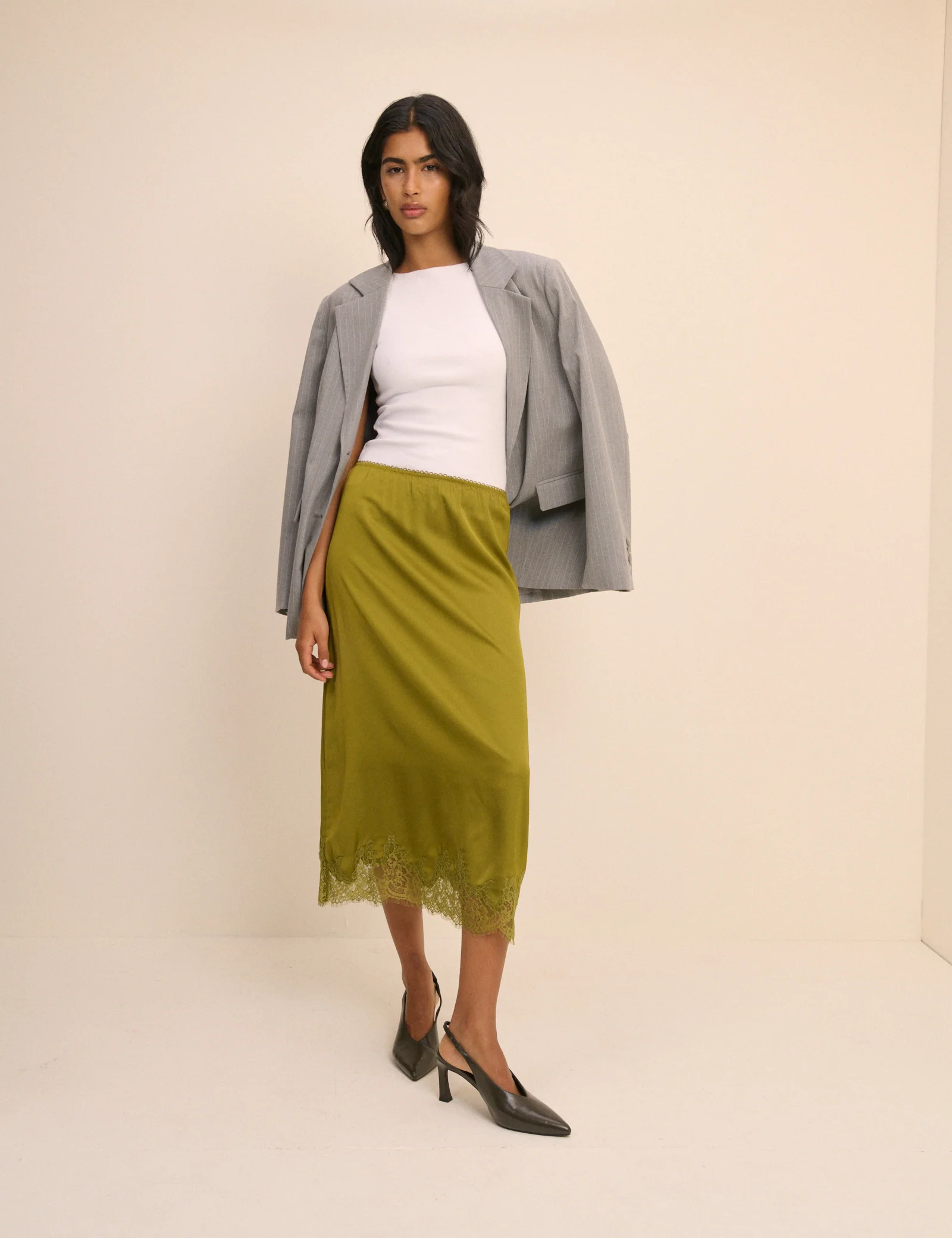 Green Lace Trim Satin Midi Slip Skirt - Image 3