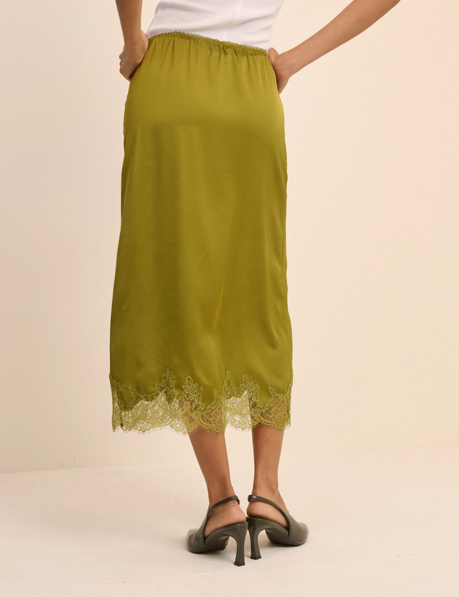 Green Lace Trim Satin Midi Slip Skirt - Image 4