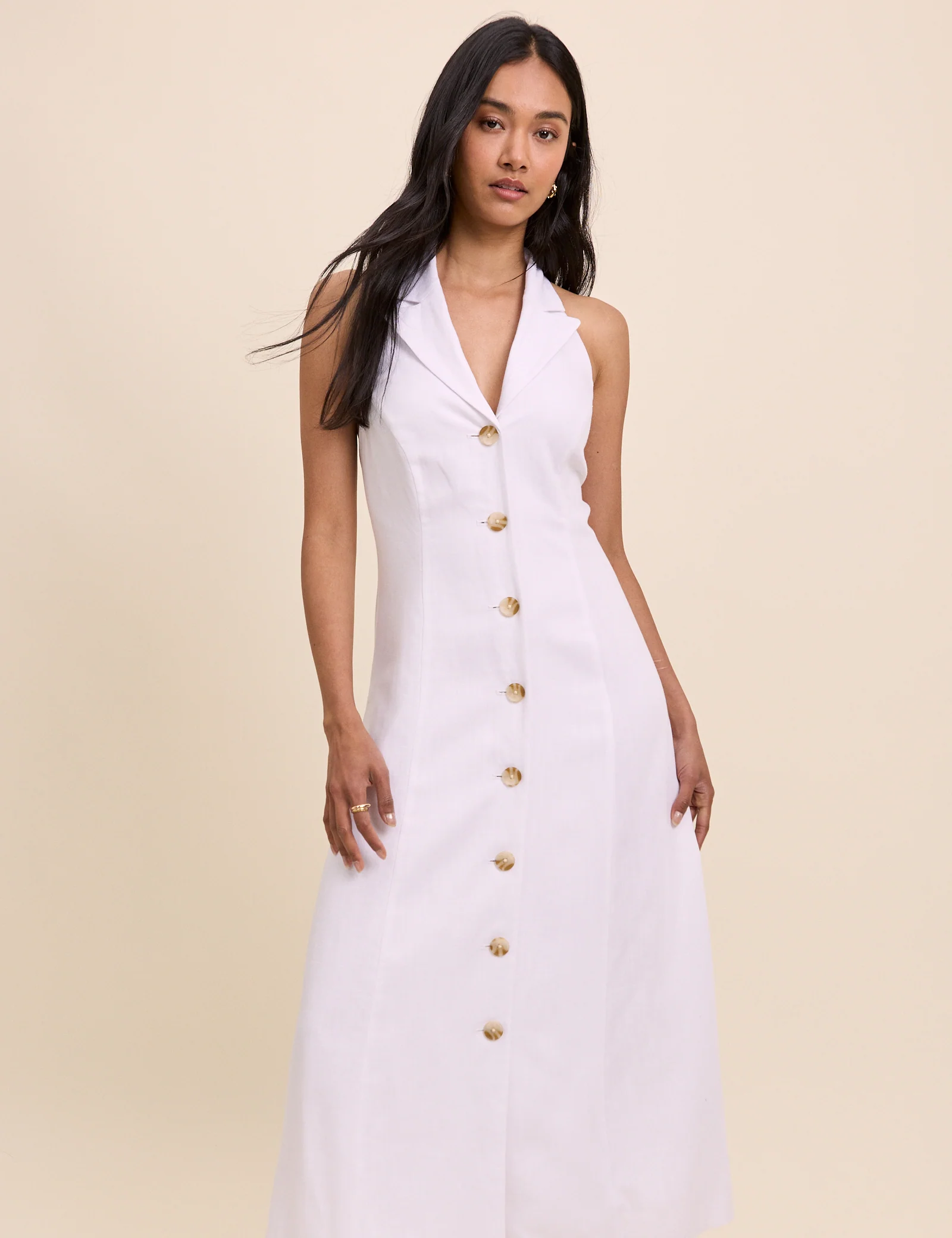 White Linen-Blend Halterneck Tailored Midi Dress - Image 4